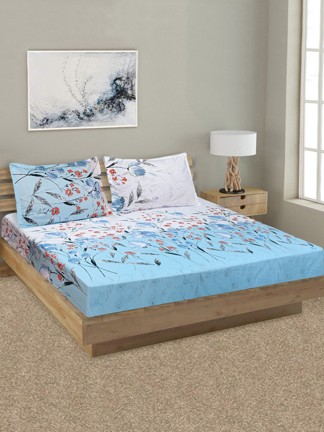 

Aura Blue & Red Floral 144 TC Pure Cotton King Bedsheet with 2 Pillow Covers