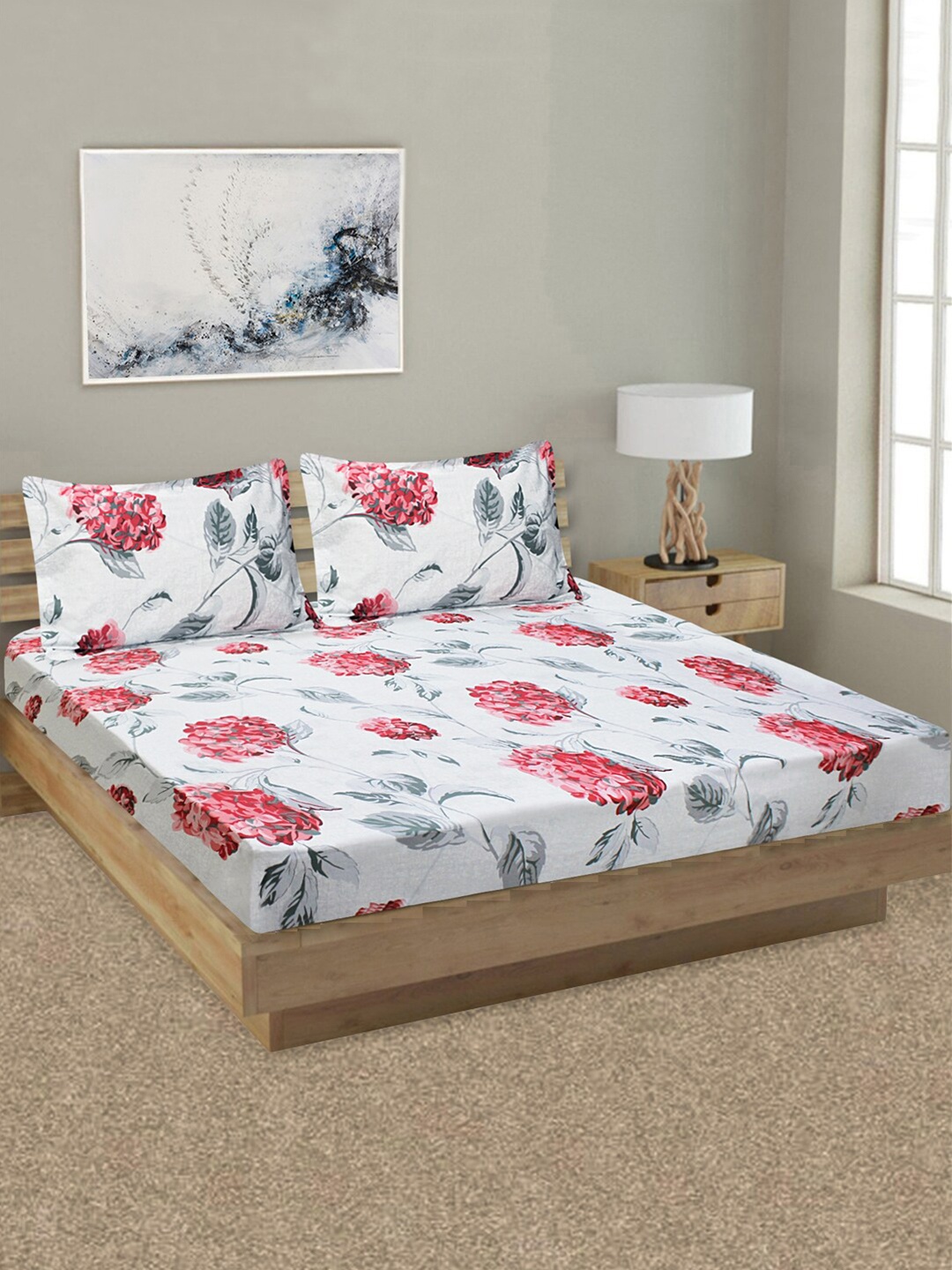 

Aura Red & White Floral 144 TC Pure Cotton King Bedsheet with 2 Pillow Covers