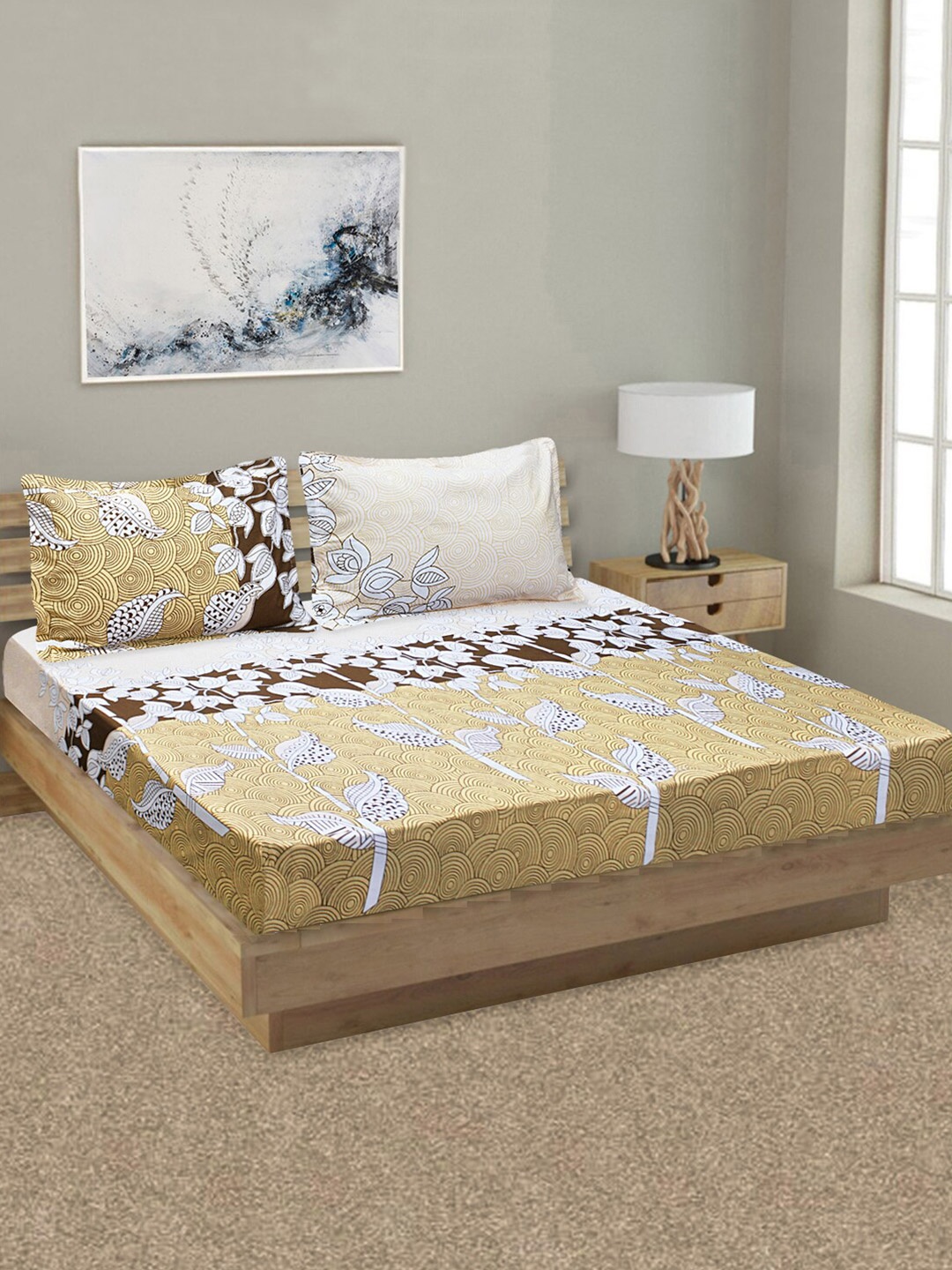 

Aura Mustard & White Floral 144 TC Pure Cotton King Bedsheet with 2 Pillow Covers