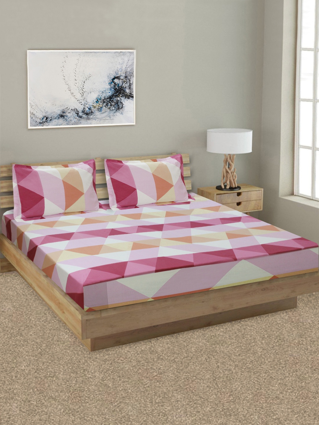 

Aura Pink & White Geometric 144 TC King Bedsheet with 2 Pillow Covers
