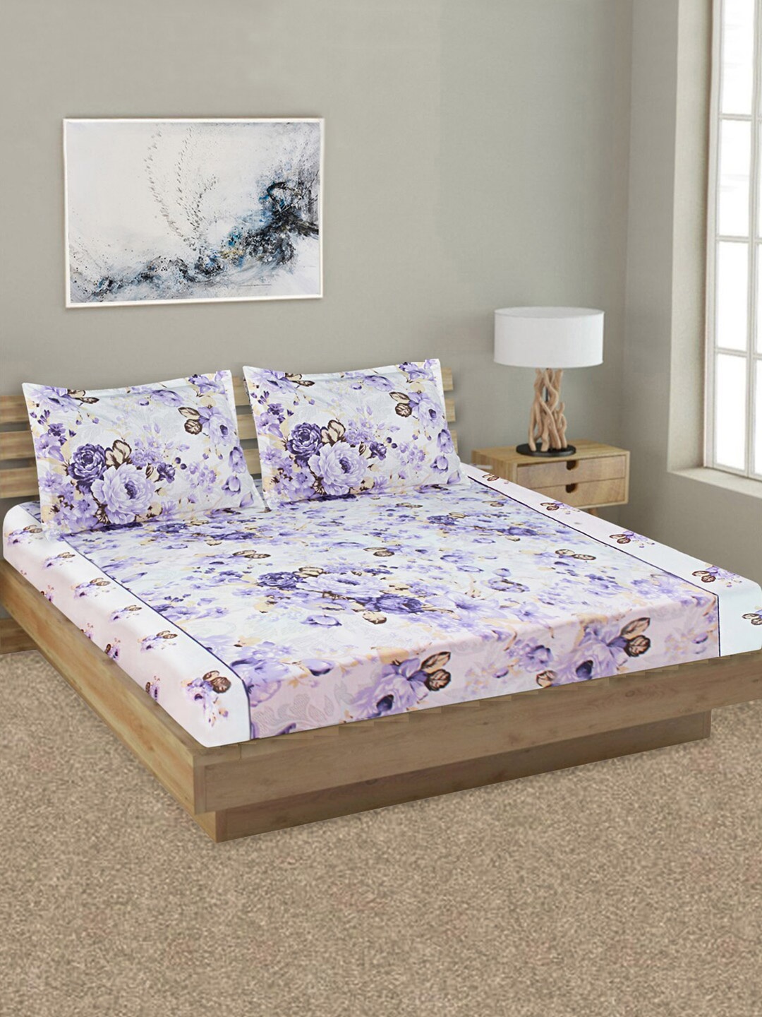 

Aura Violet & Cream-Coloured Floral 144 TC Pure Cotton King Bedsheet with 2 Pillow Covers