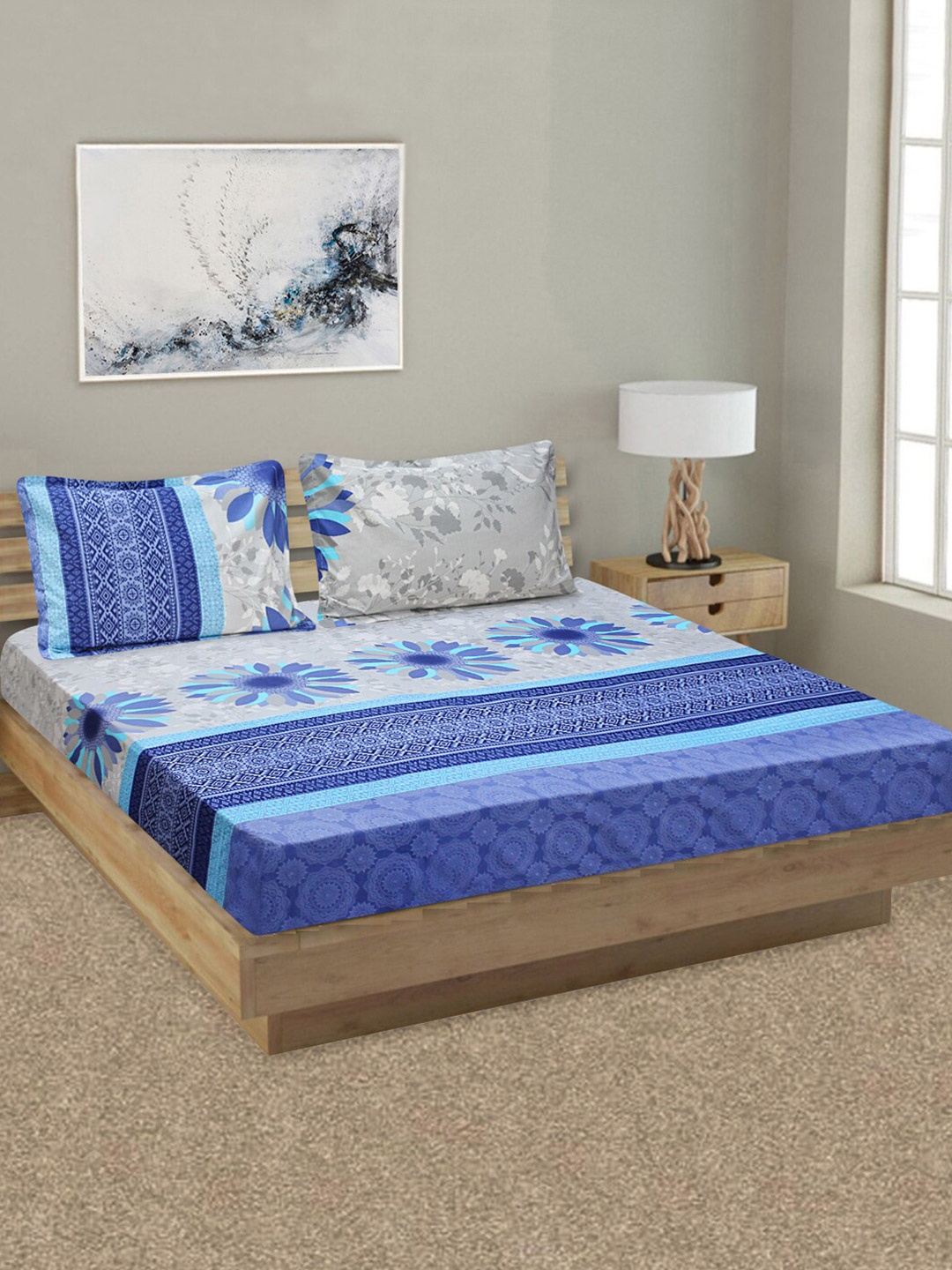 

Aura Blue & Grey Floral 144 TC Pure Cotton King Bedsheet with 2 Pillow Covers