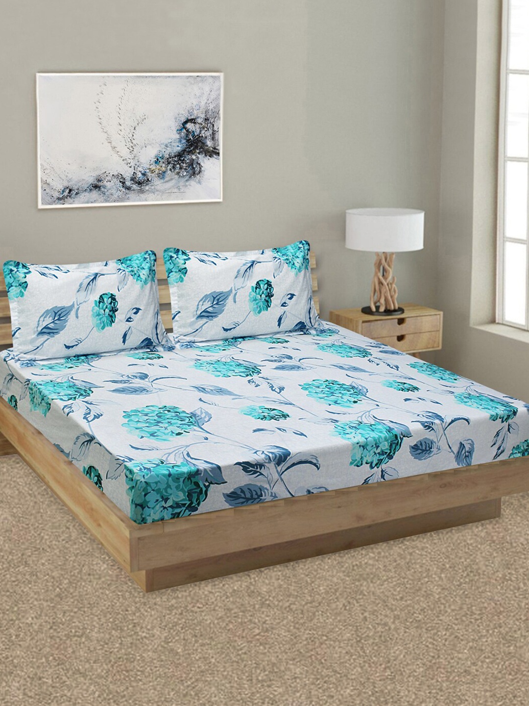 

Aura Turquoise Blue & Grey Floral 144 TC Pure Cotton King Bedsheet with 2 Pillow Covers