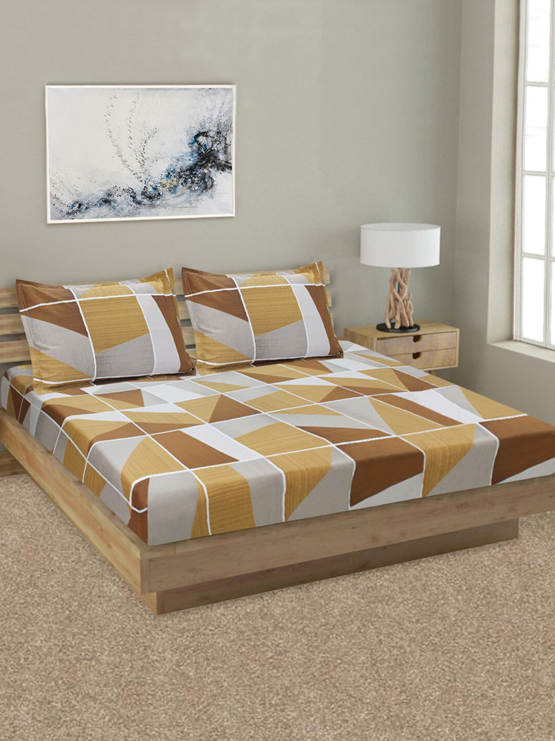 

Aura Brown & Yellow Geometric 144 TC Pure Cotton King Bedsheet with 2 Pillow Covers