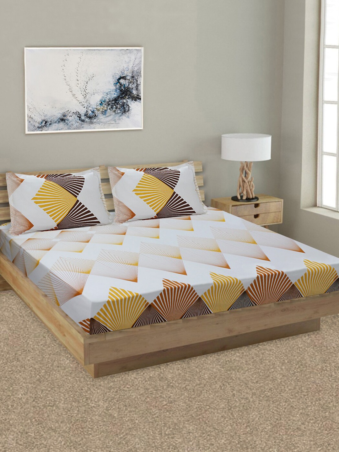 

Aura Yellow & Brown Geometric 144 TC Pure Cotton King Bedsheet with 2 Pillow Covers