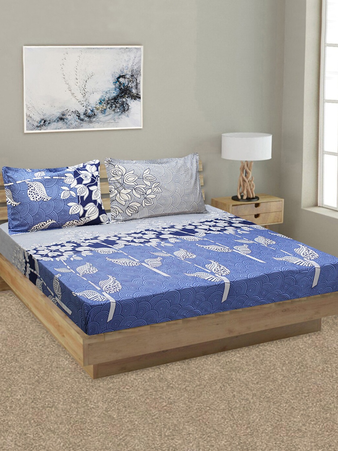 

Aura Blue & White Floral 144 TC Pure Cotton King Bedsheet with 2 Pillow Covers