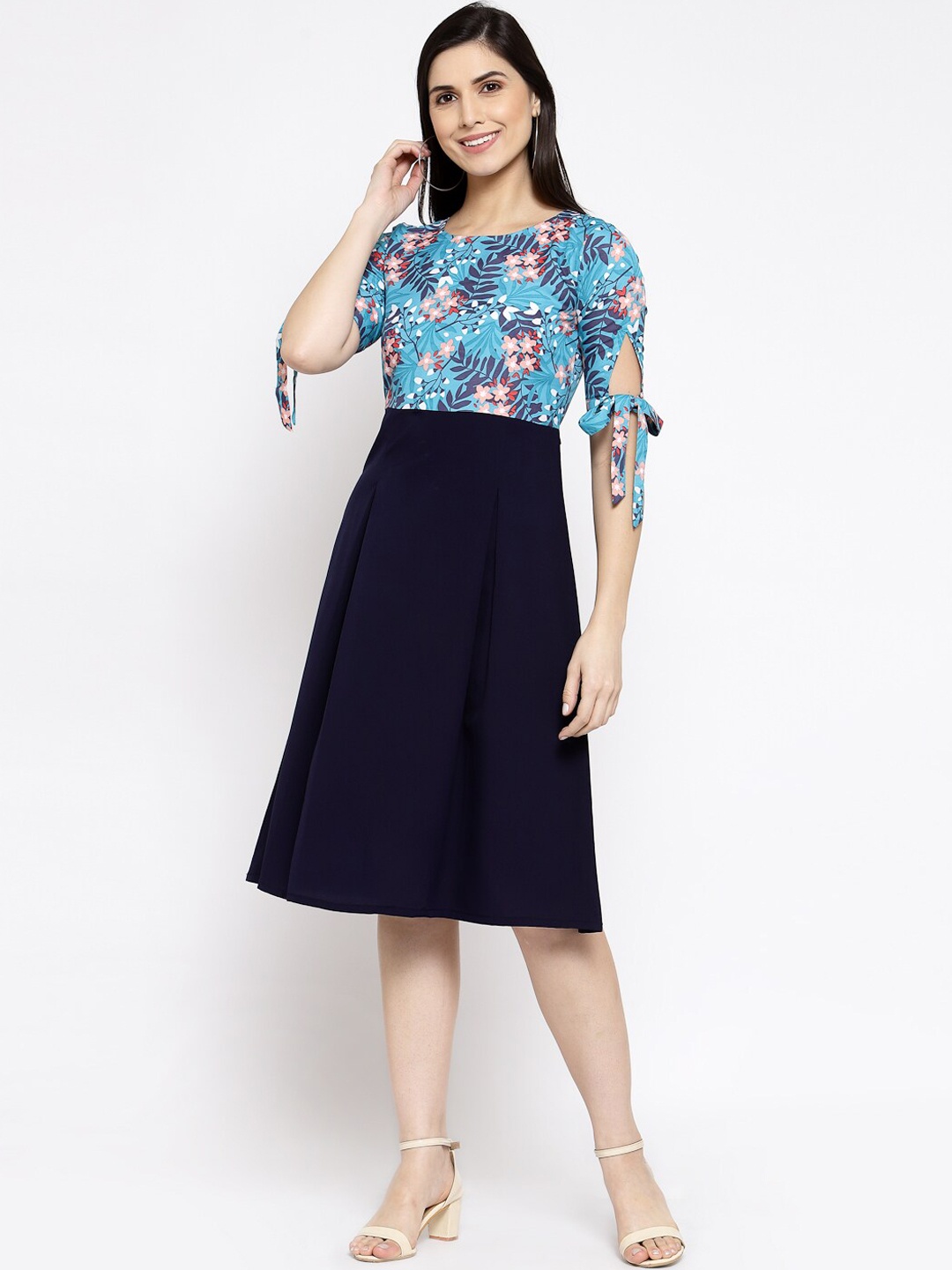 

Selvia Turquoise Blue Floral Crepe A-Line Dress