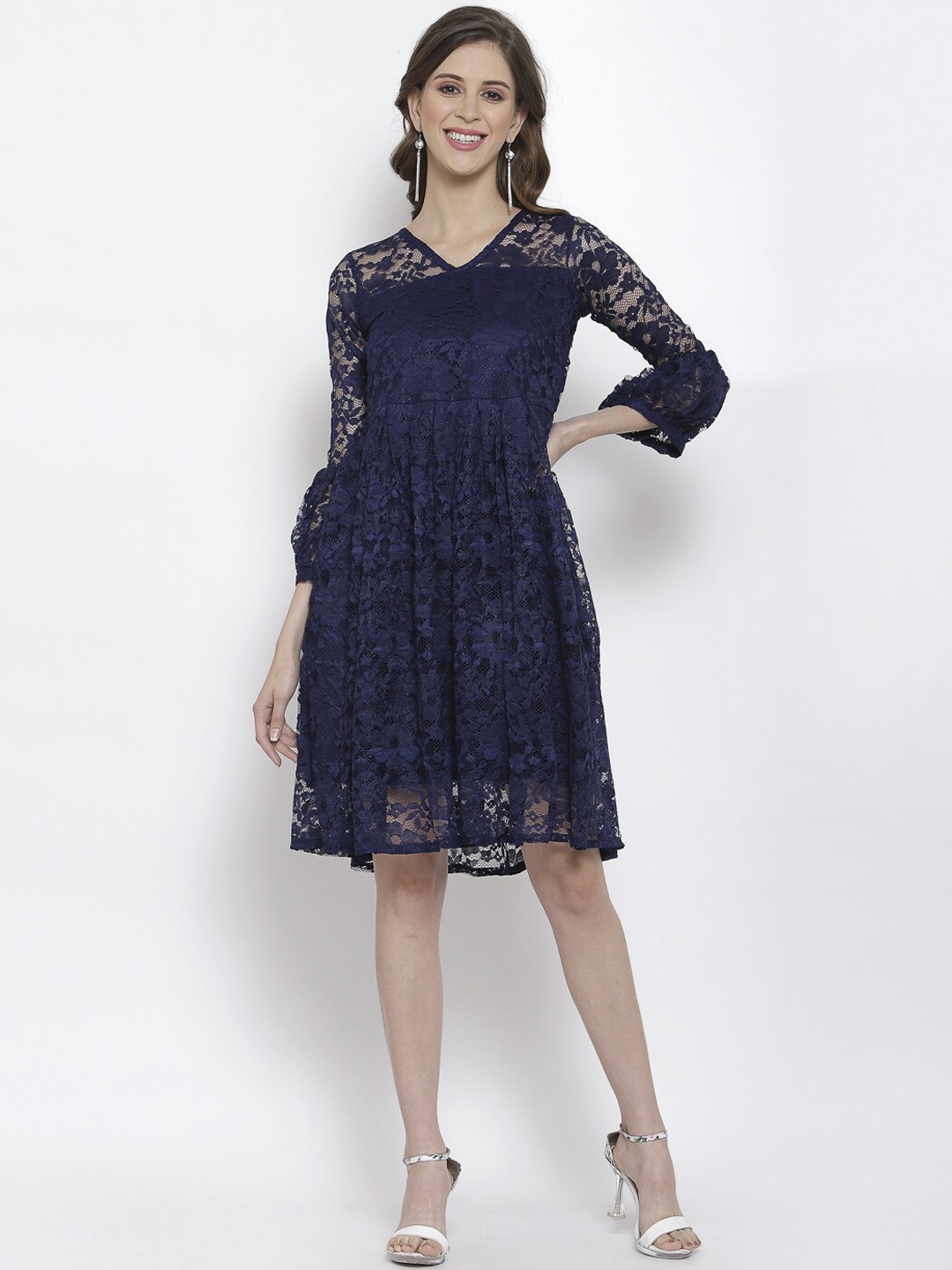 

Selvia Navy Blue Floral Net A-Line Dress