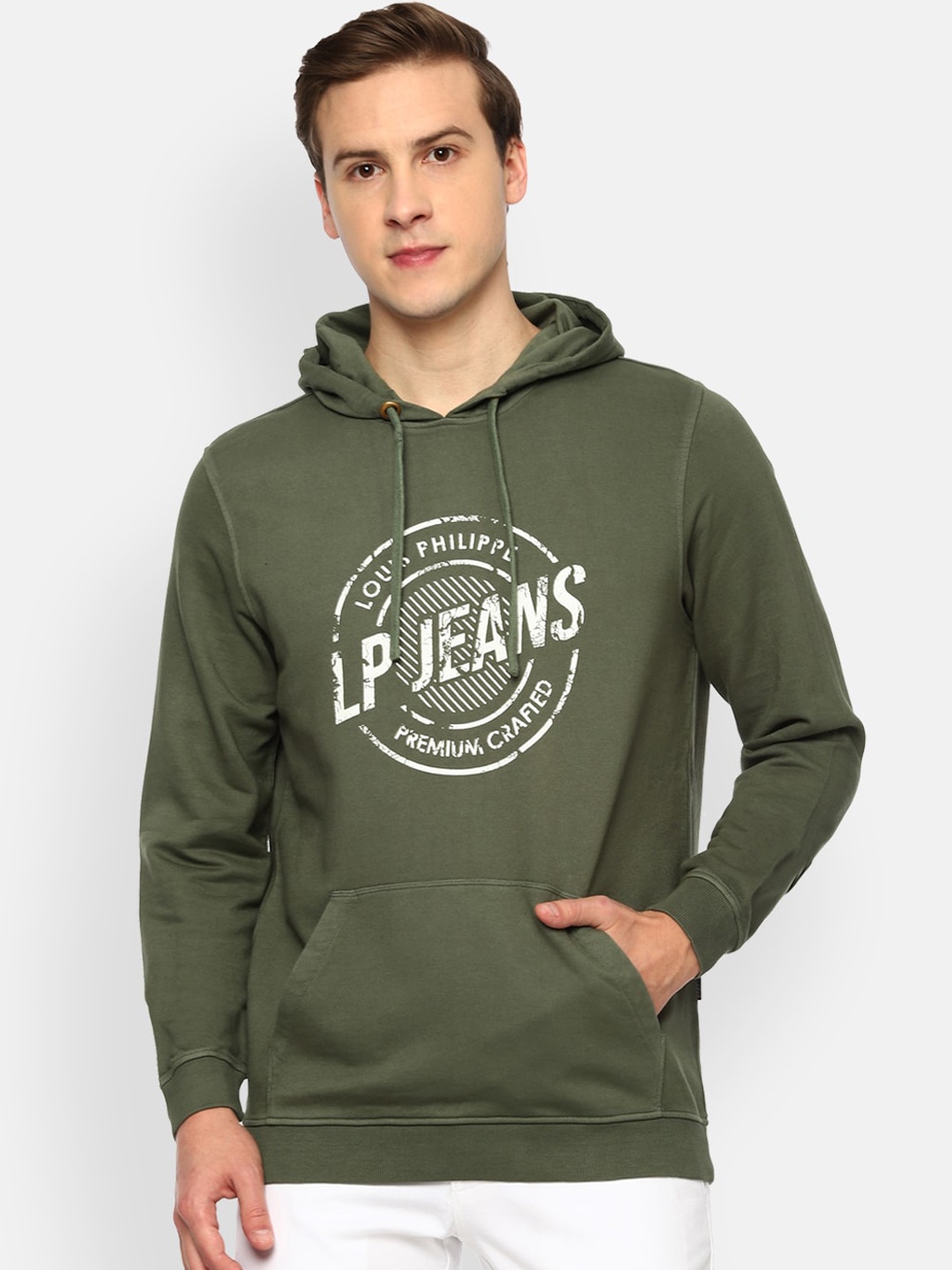 

Louis Philippe Jeans Men Olive Green Printed Hooded Sweatshirt