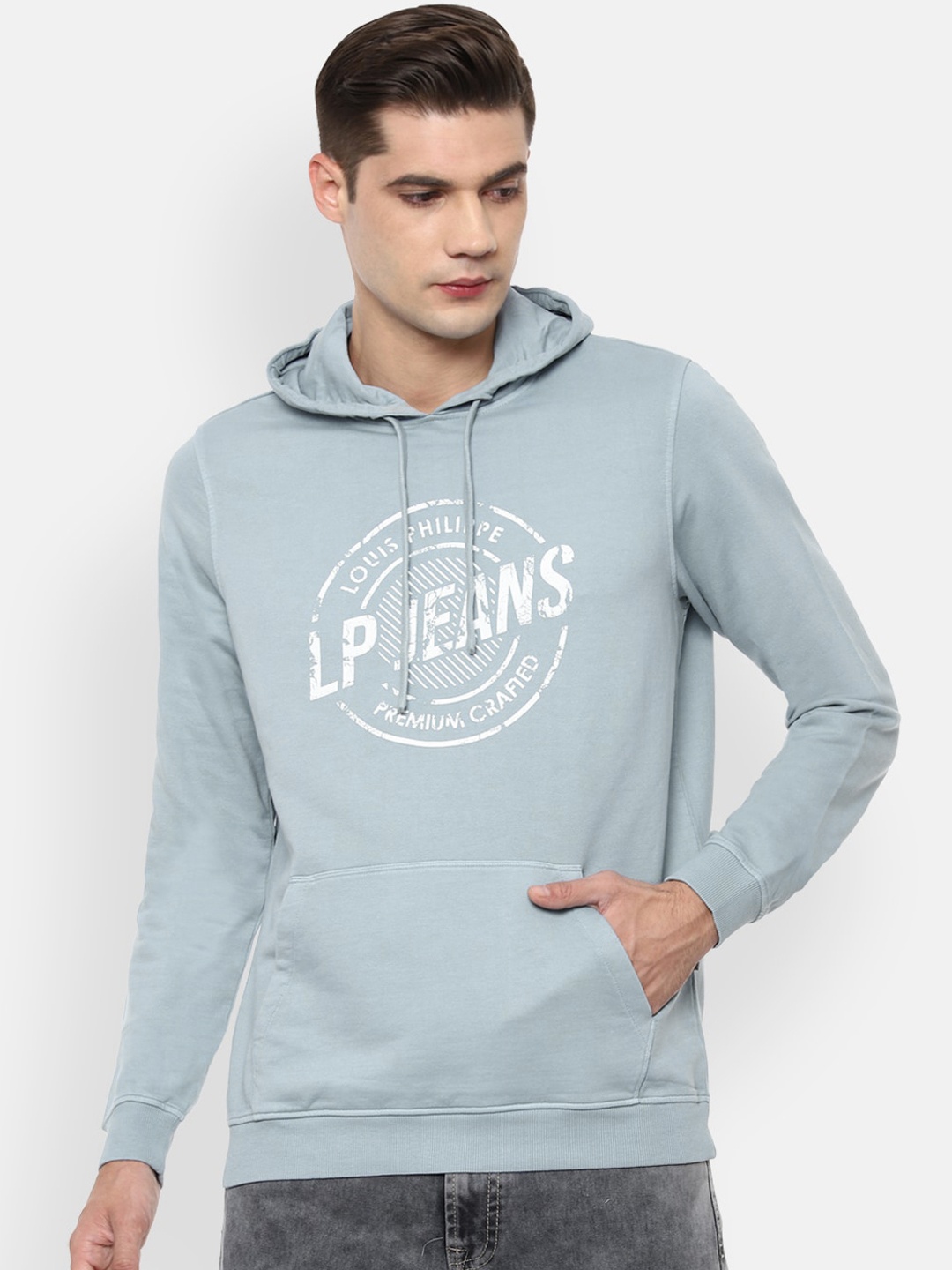 

Louis Philippe Jeans Men Blue Graphic Printed Pure Cotton Hooded Sweatshirt