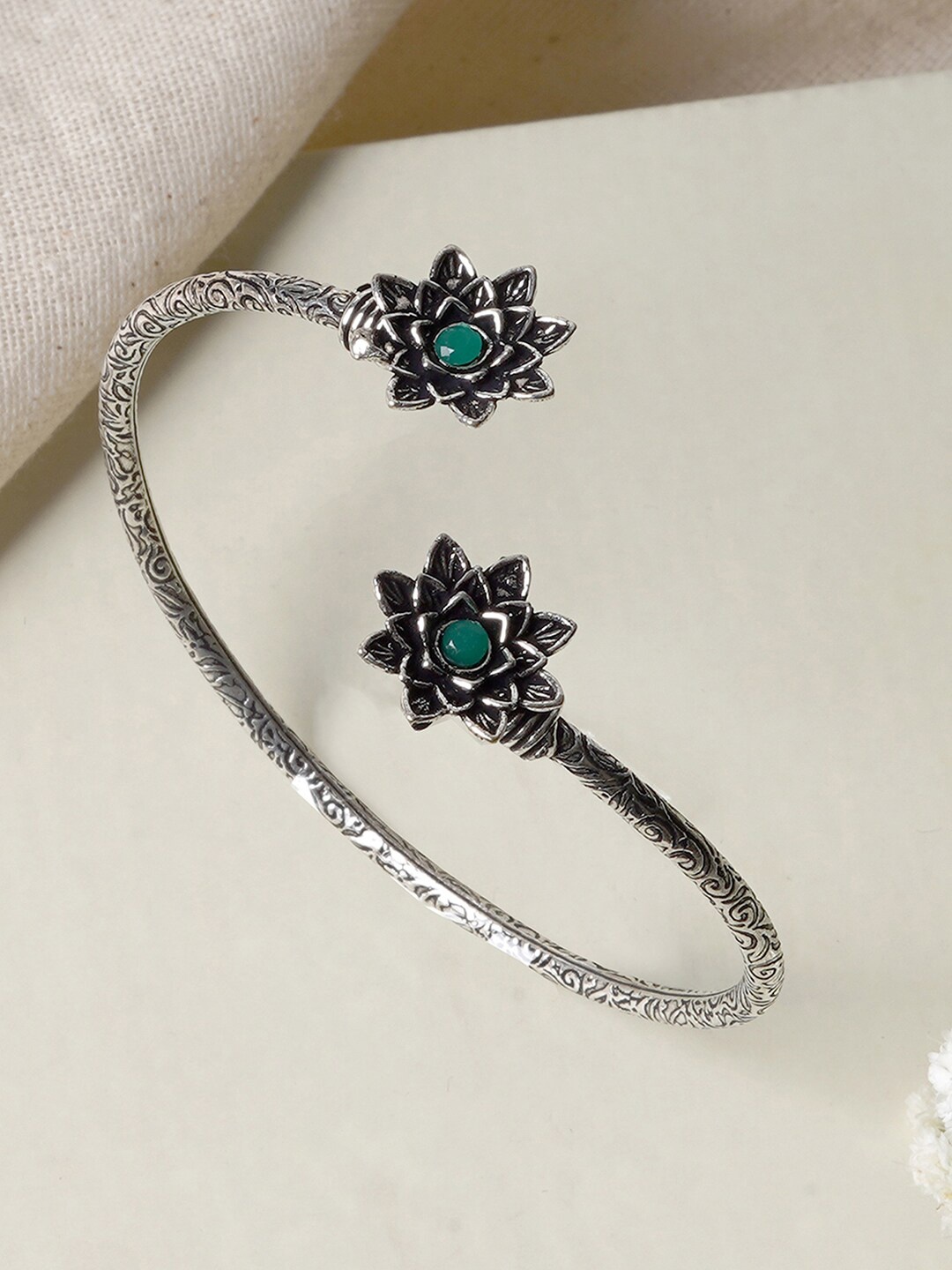 TEEJH Sunita Silver Oxidised Floral Bracelet