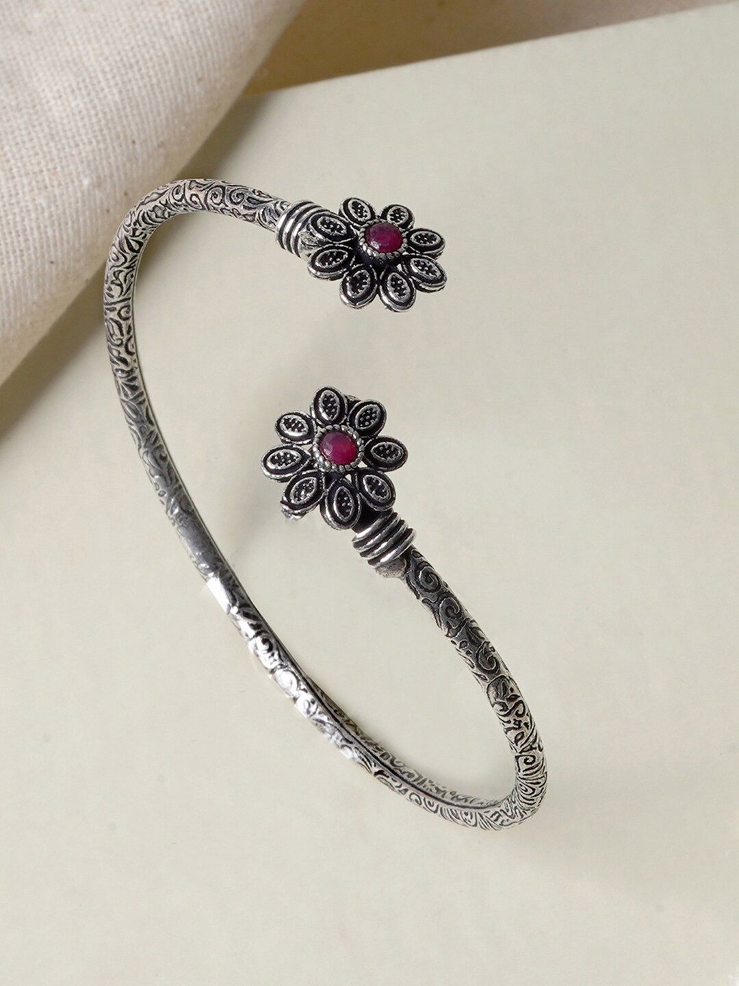 

TEEJH Saroj Silver-Plated Red Studded Oxidised Floral Cuff Bracelet