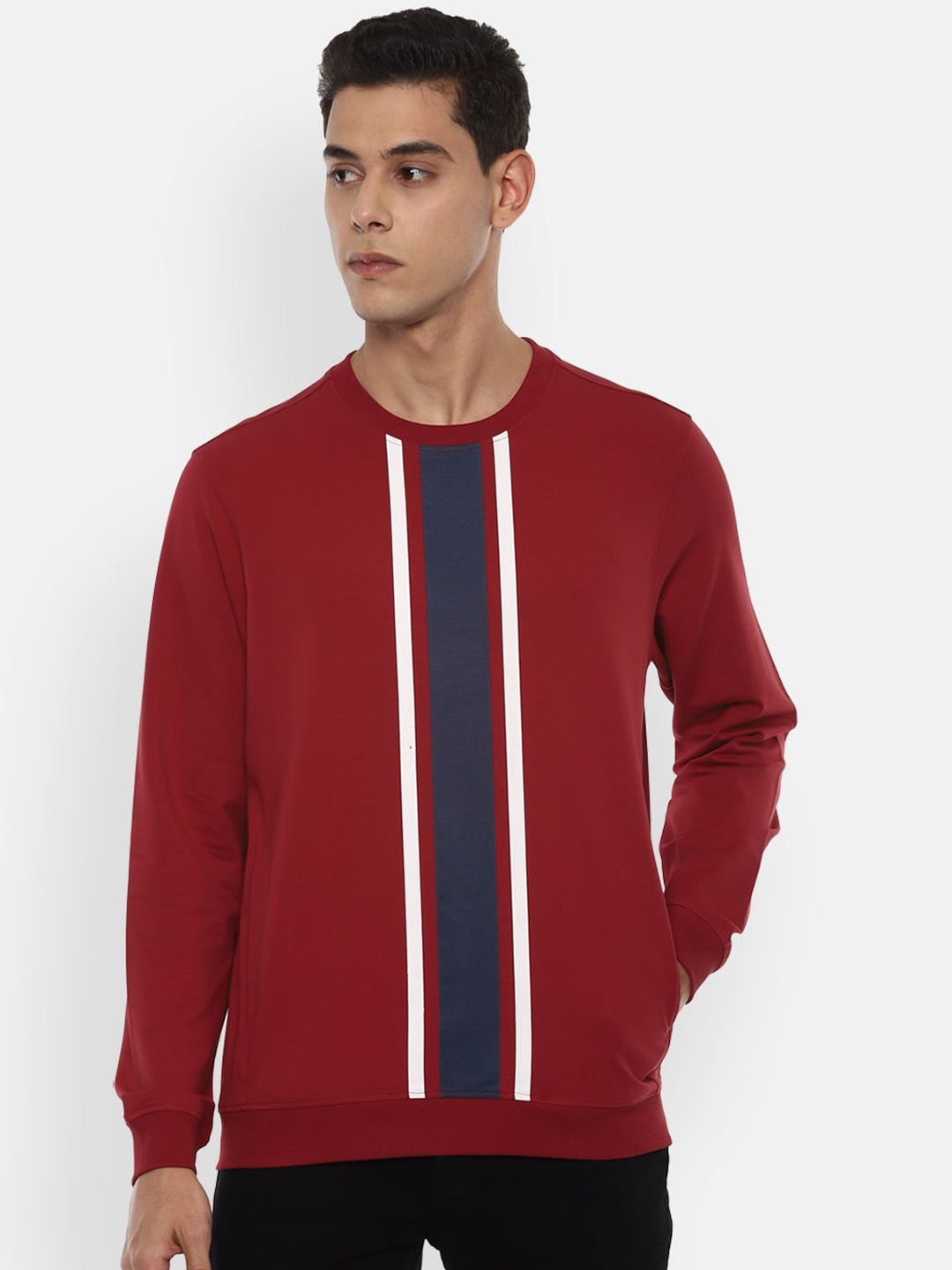 

Louis Philippe Sport Men Maroon & Navy Blue Striped Pullover Sweatshirt