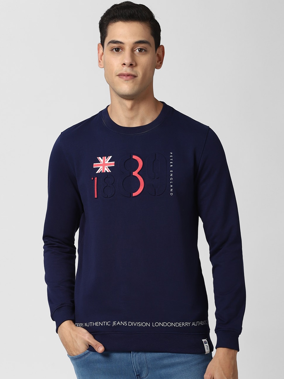 

Peter England Casuals Men Navy Blue & Orange Alphanumeric Printed Sweatshirt