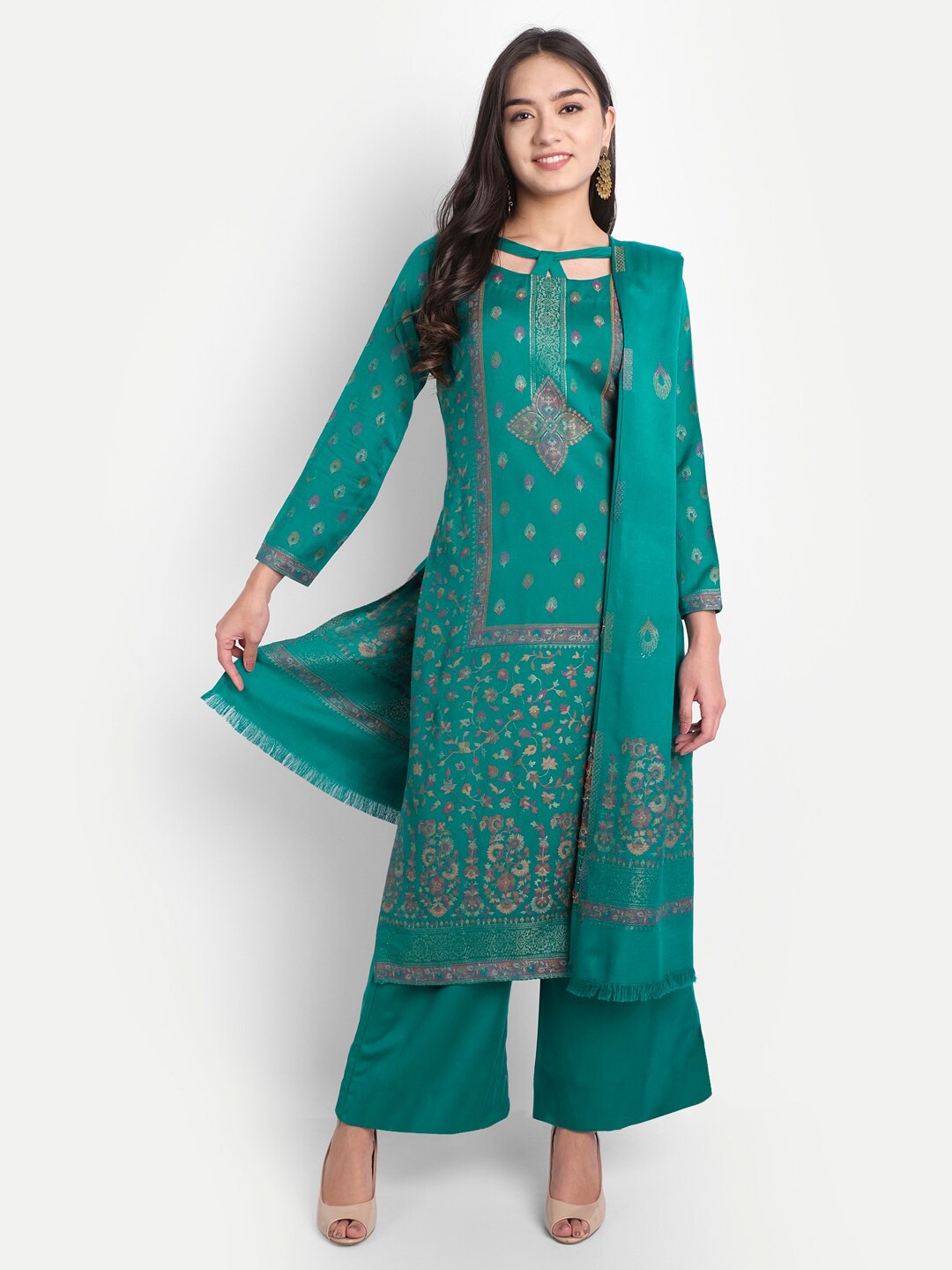 

HK colours of fashion Sea Green & Pink Woven Design Unstitched Dress Material