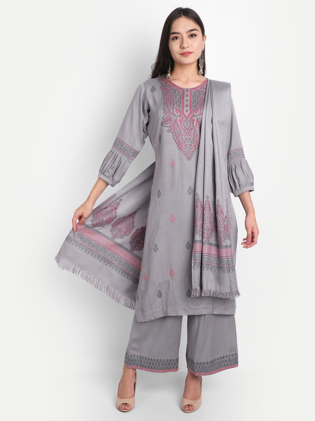 

HK colours of fashion Grey & Pink Woven Design Viscose Rayon Unstitched Dress Material