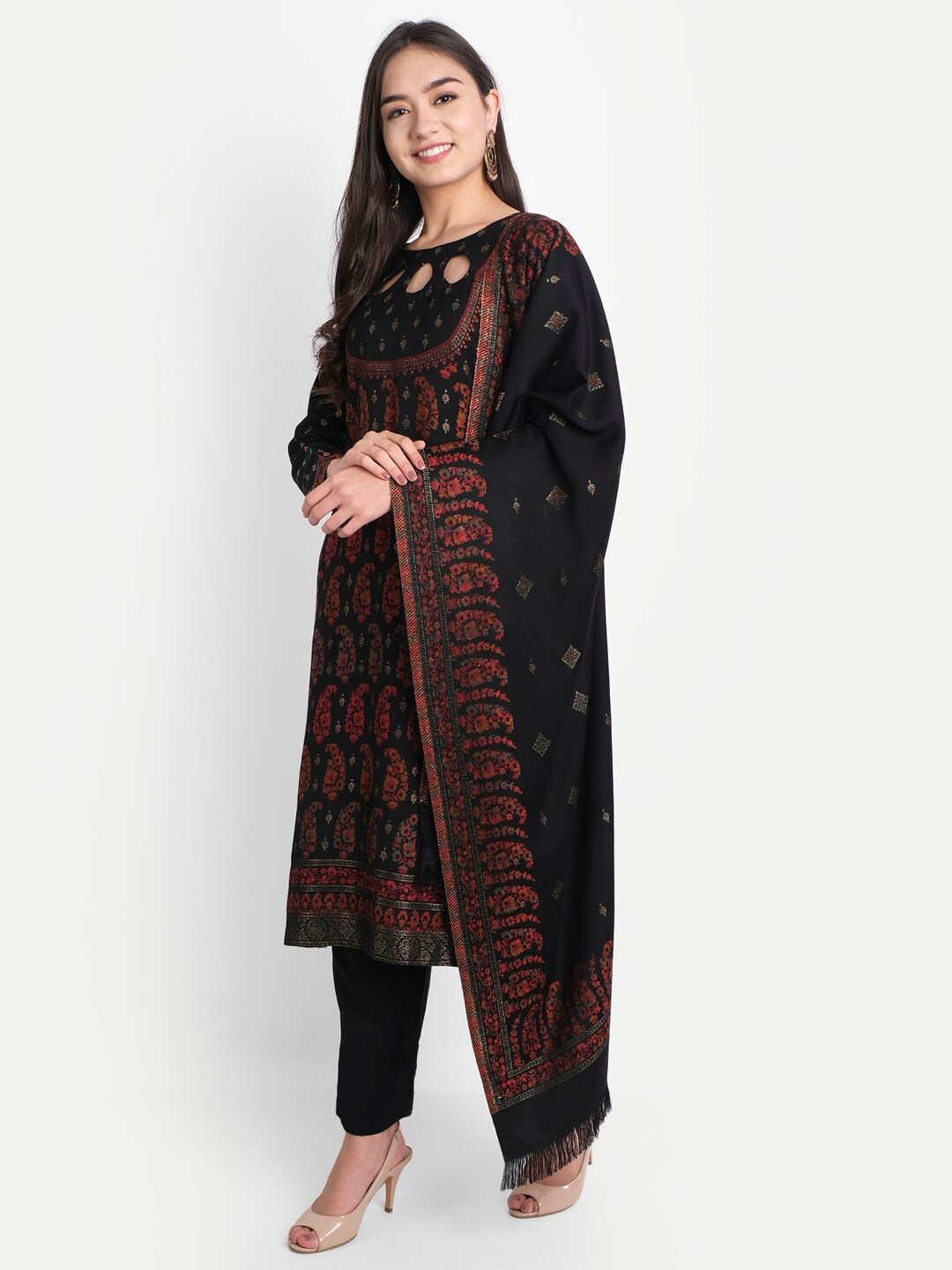 

HK colours of fashion Black & Red Woven Design Viscose Rayon Unstitched Dress Material