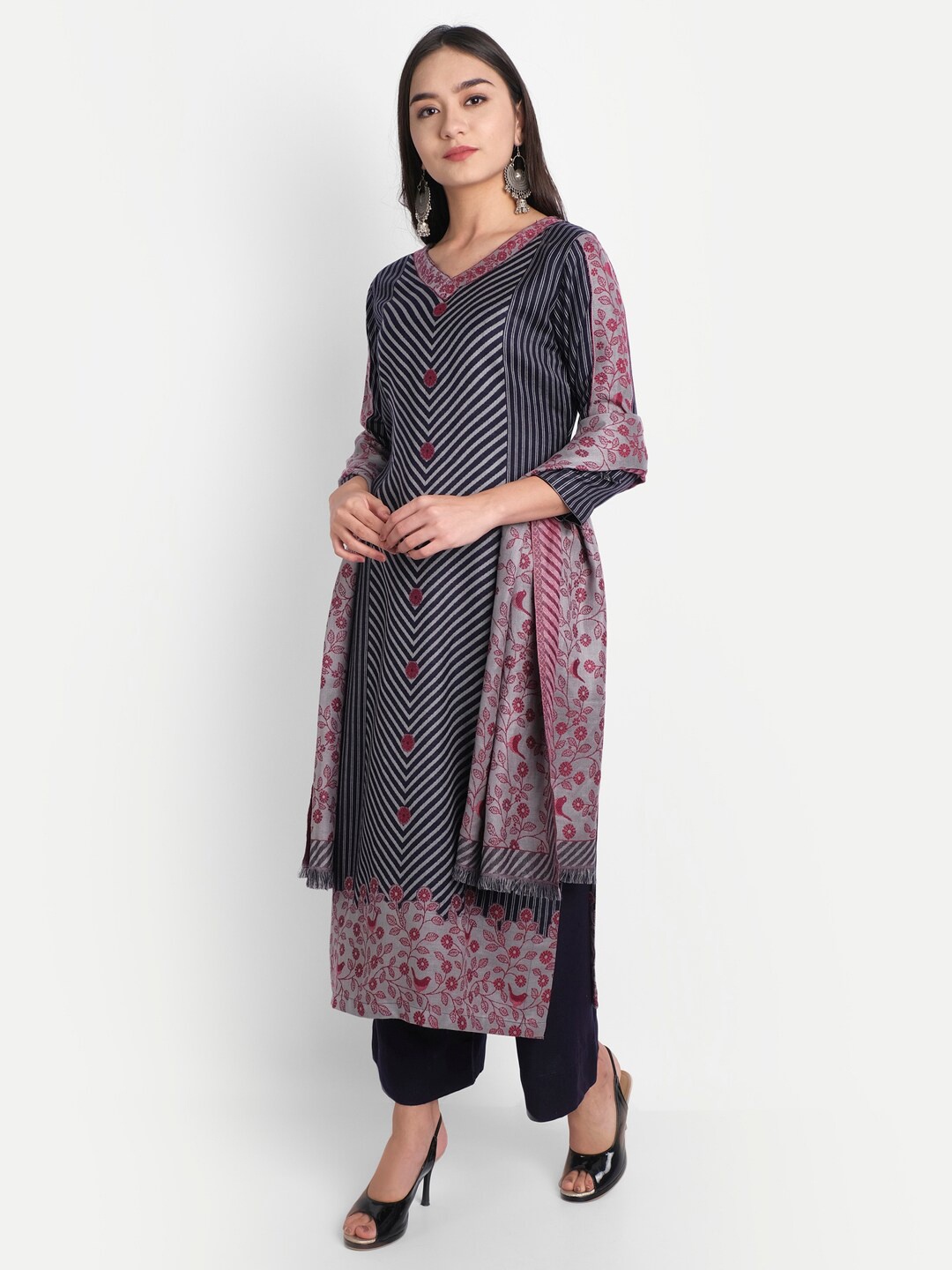 

HK colours of fashion Navy Blue & Red Woven Design Viscose Rayon Unstitched Dress Material