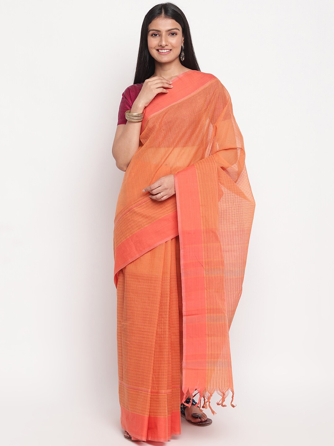

Fabindia Peach-Coloured & Violet Checked Pure Cotton Saree