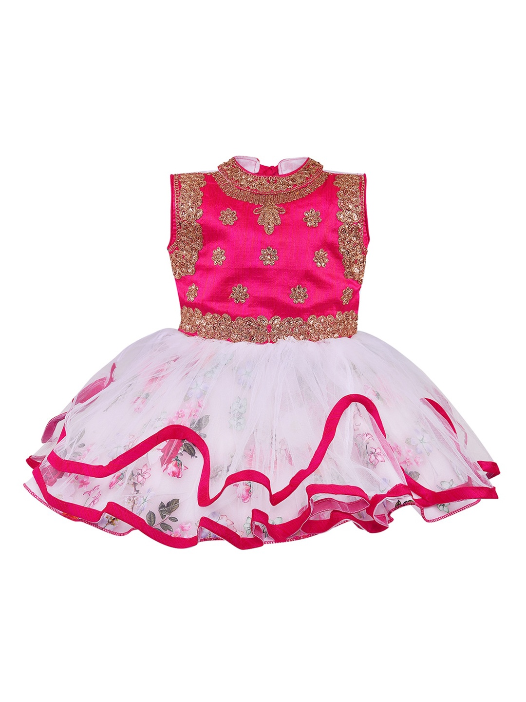

Wish Karo Girls Pink & White Floral Embroidered Round Neck Net Fit & Flare Dress