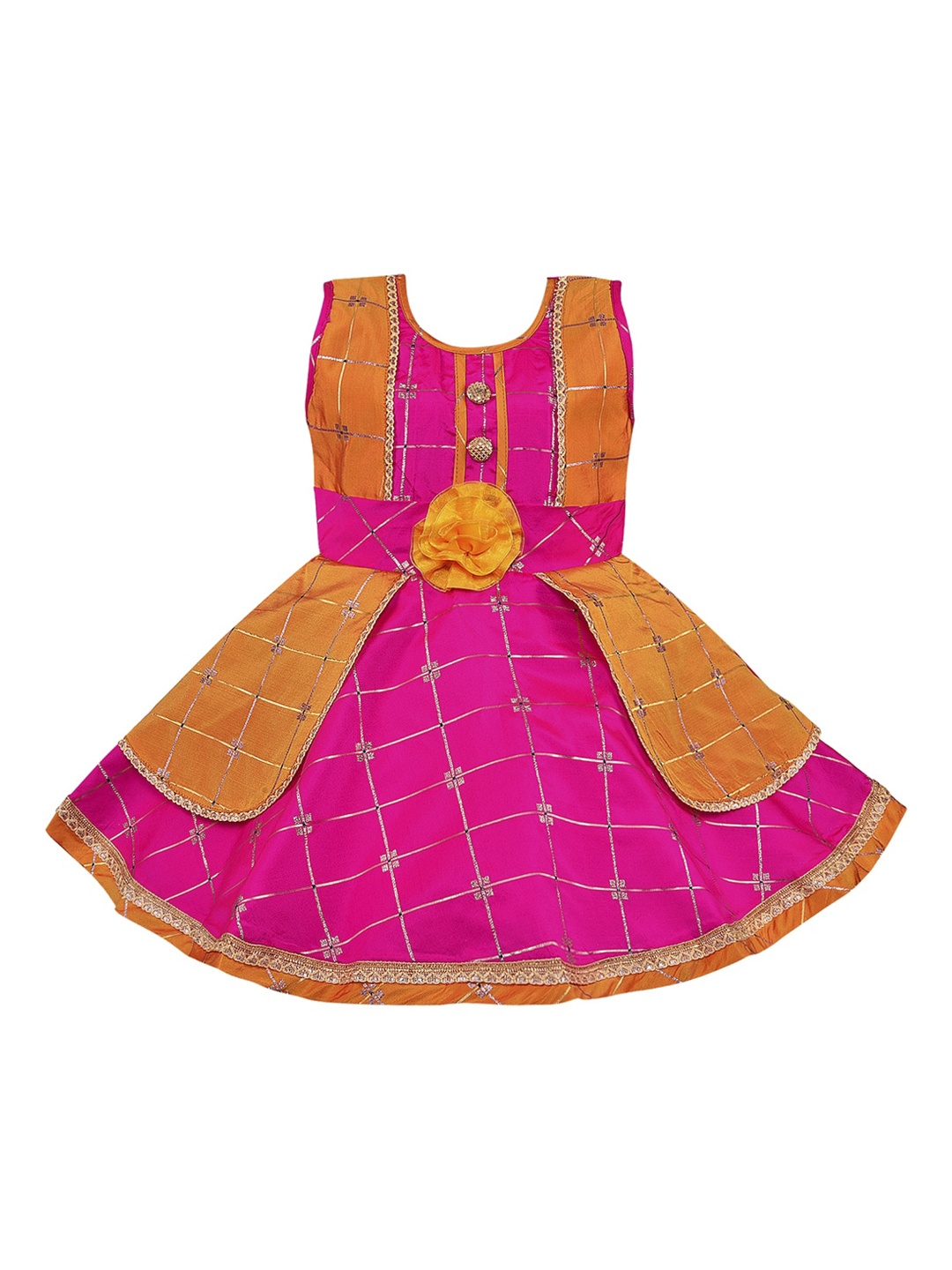 

Wish Karo Pink & Mustard Yellow Checked Satin Dress