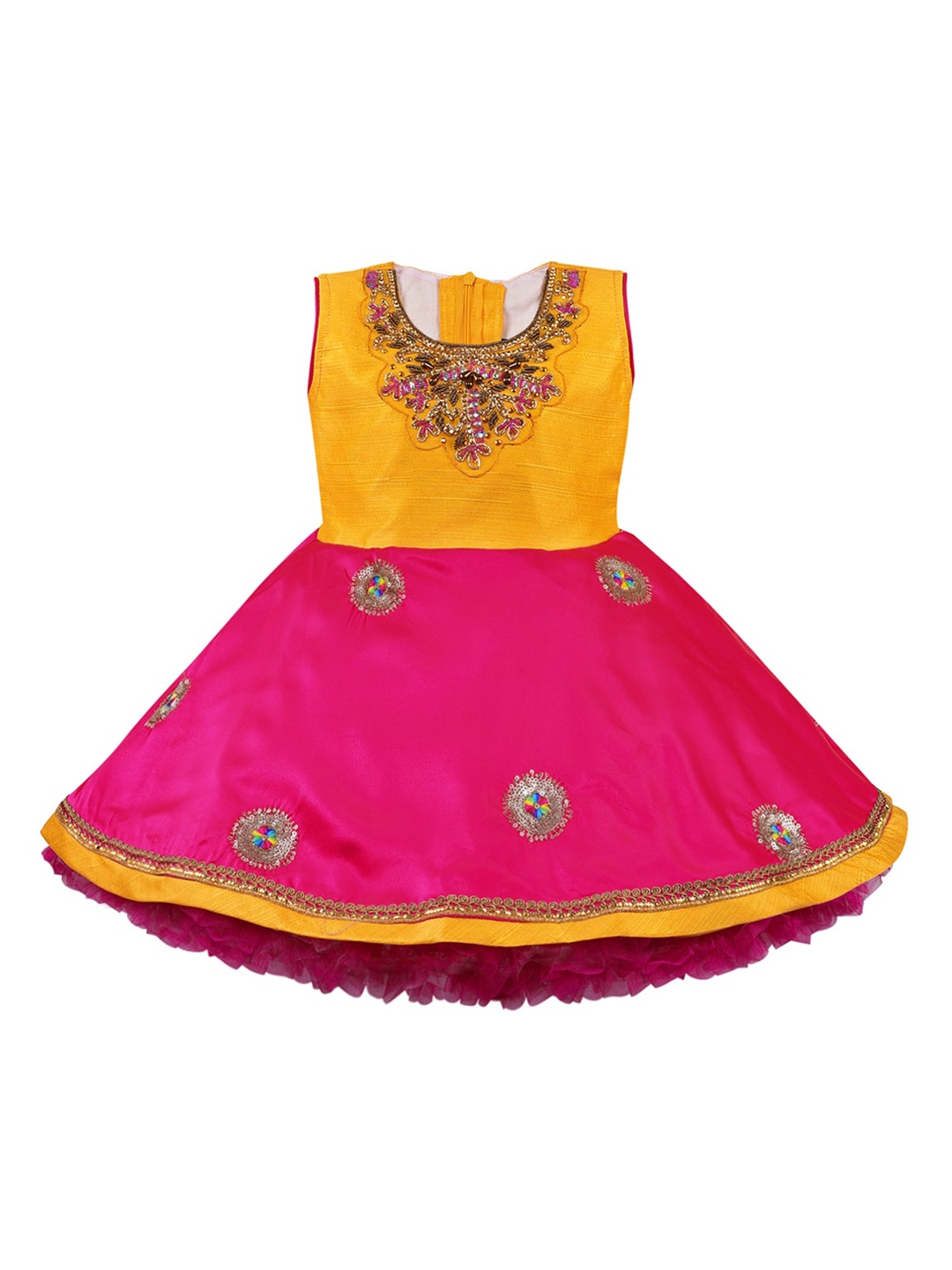 

Wish Karo Girls Yellow Colourblocked Satin Dress
