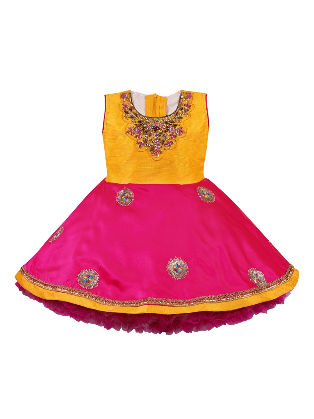 

Wish Karo Girls Yellow & Pink Embellihed Satin Ethnic Fit & Flare Dress