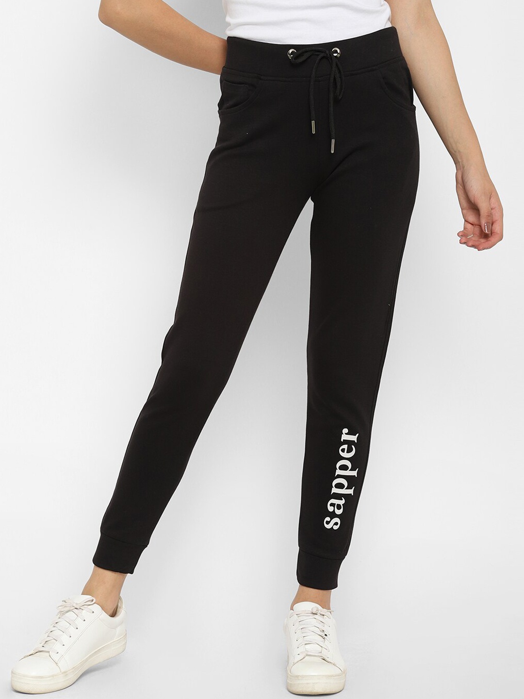 

SAPPER Women Black & White Brand Logo Printed Slim Fit Cotton Joggers