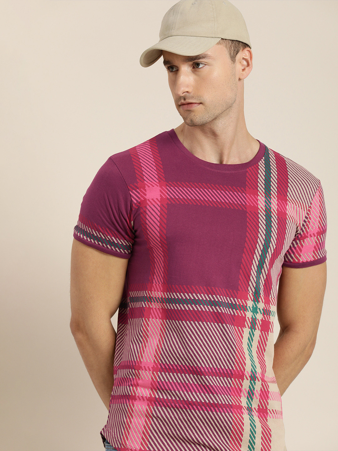 

Moda Rapido Men Purple Checked Pure Cotton Casual T-shirt