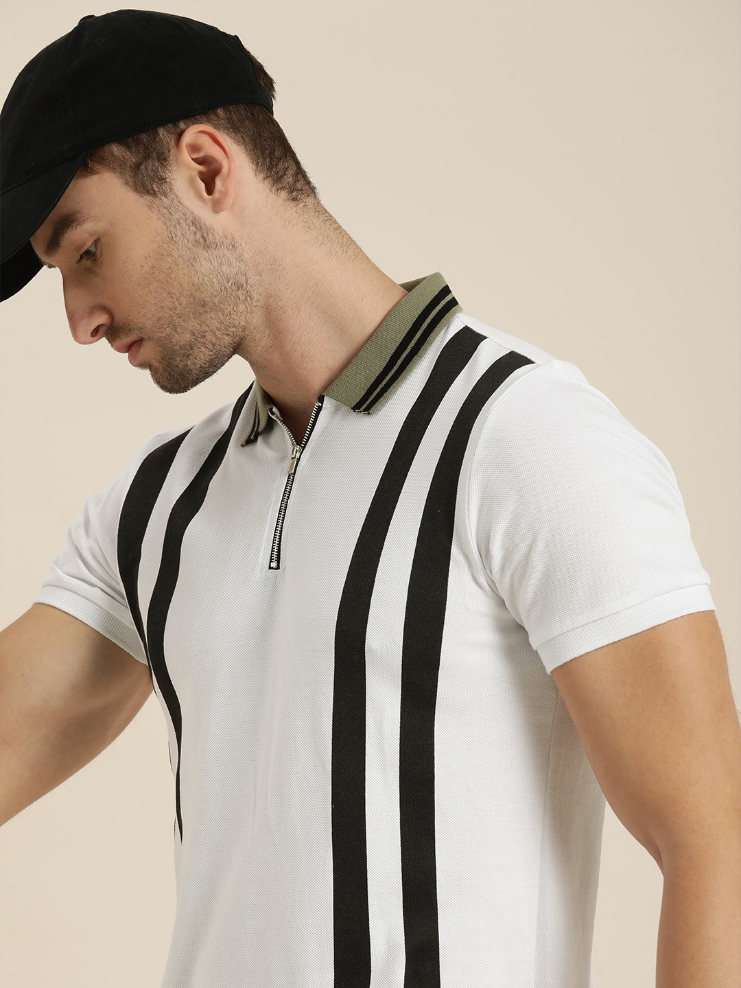 

Moda Rapido Men White & Black Striped Polo Collar Pure Cotton T-shirt