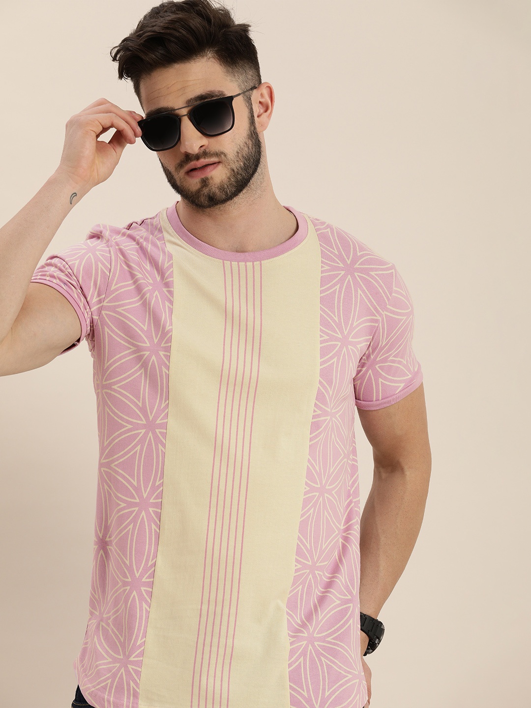 

Moda Rapido Men Pink & Cream-Coloured Striped T-shirt