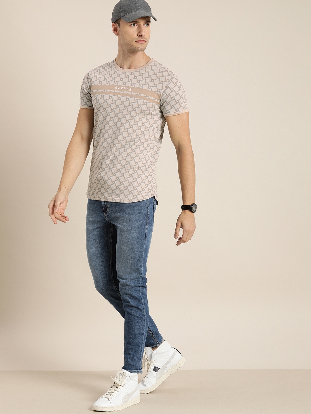 

Moda Rapido Men Off White Geometric Printed Pure Cotton Casual Longline T-shirt