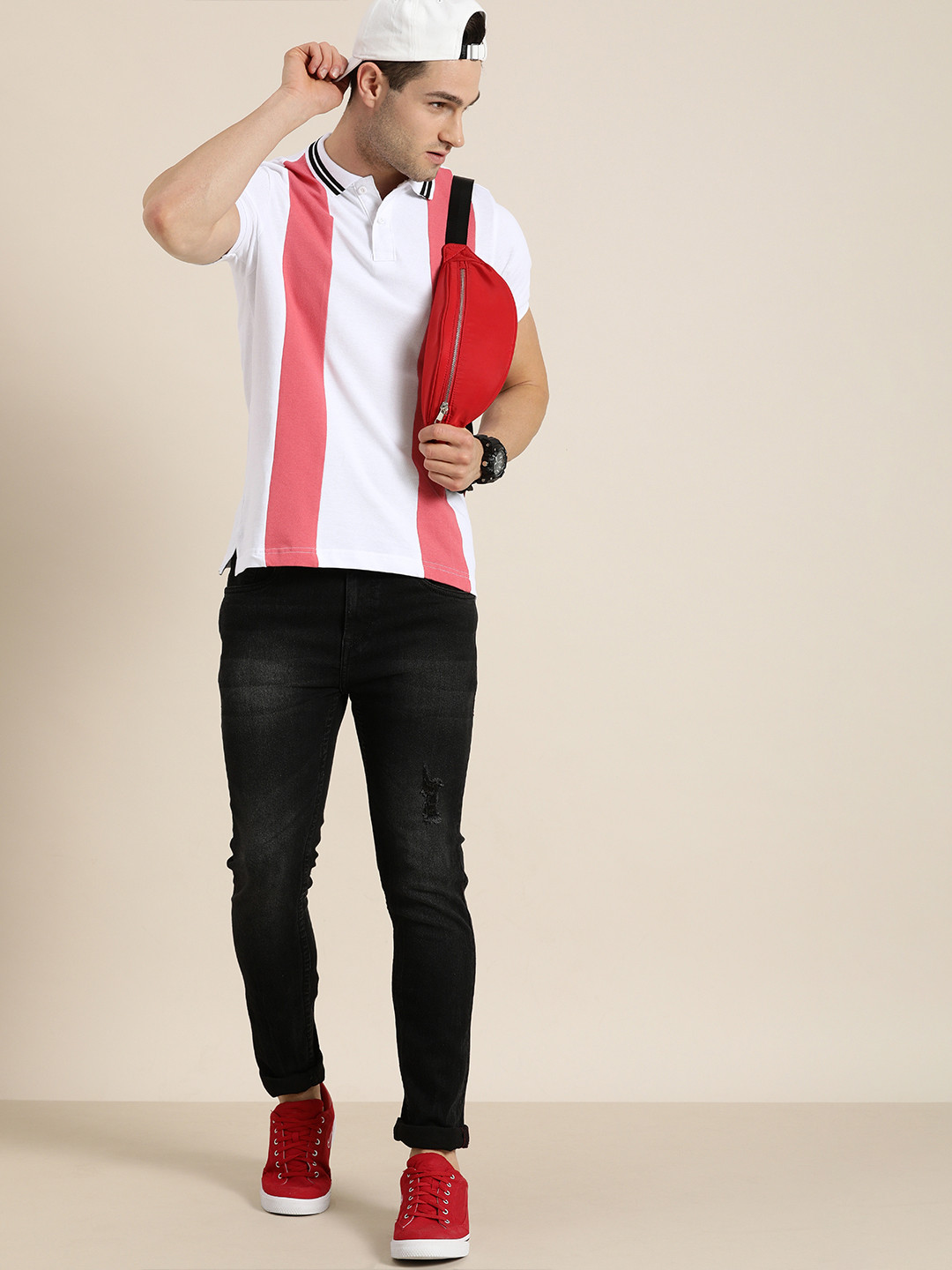 

Moda Rapido Men White & Pink Striped Polo Collar Pure Cotton T-shirt