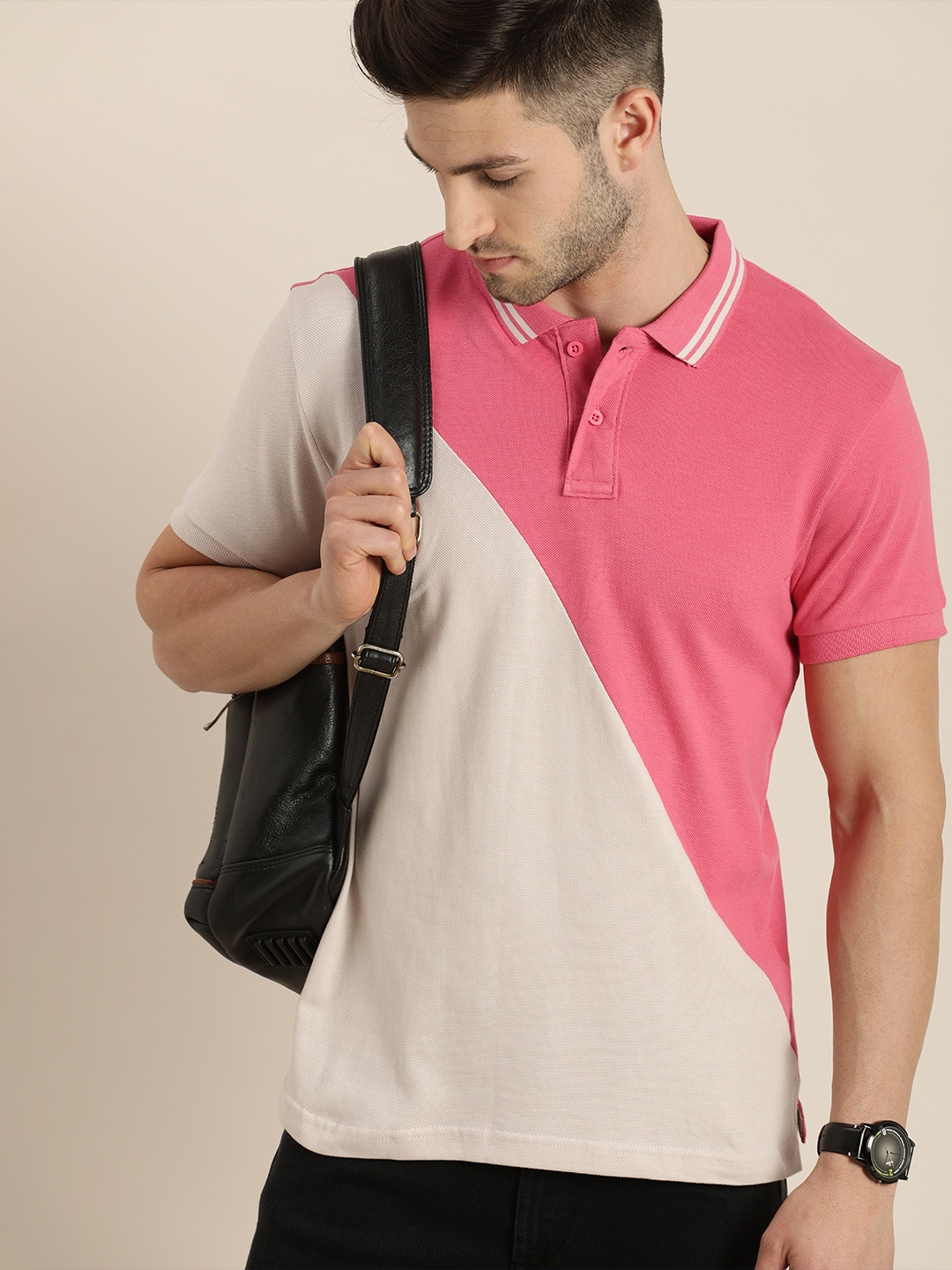 

Moda Rapido Men Pink & Grey Colourblocked Polo Collar T-shirt