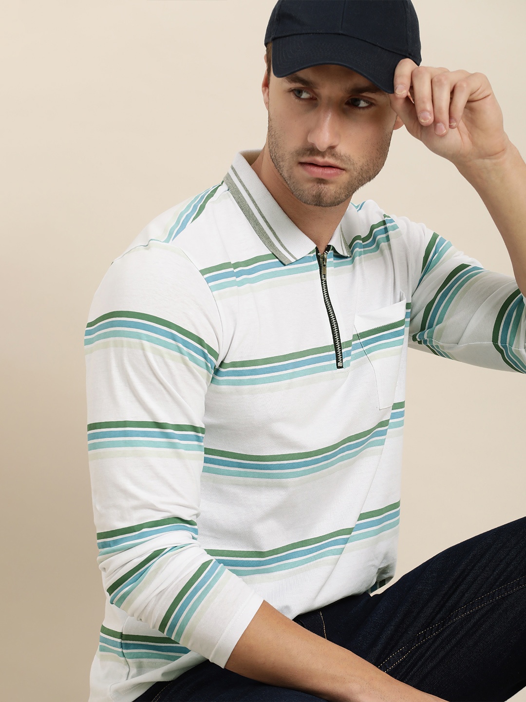 

Moda Rapido Men White & Blue Striped Polo Collar Pure Cotton T-shirt