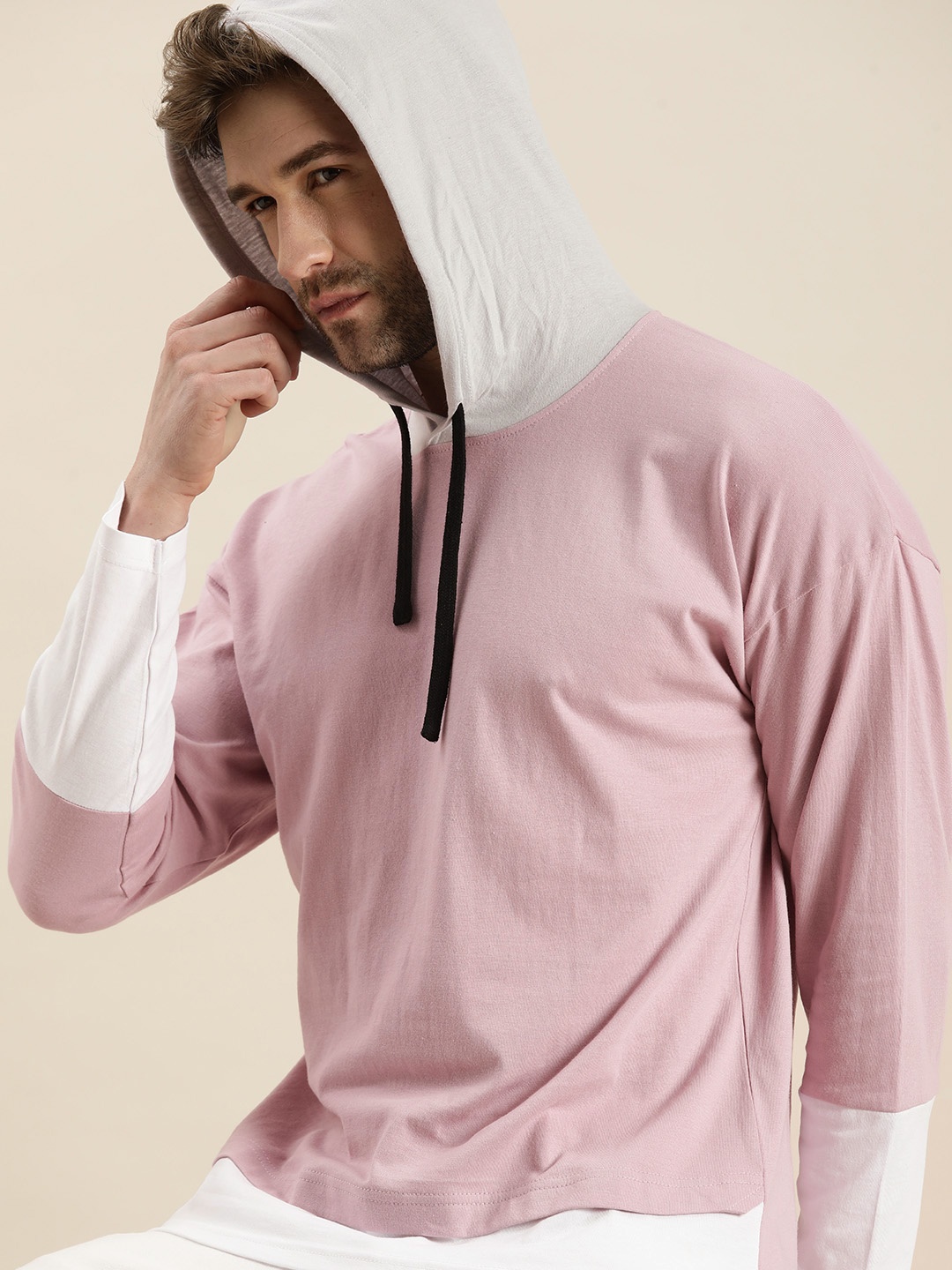 

Moda Rapido Men Pink Solid Drop-Shoulder Sleeves Pure Cotton Hooded T-shirt