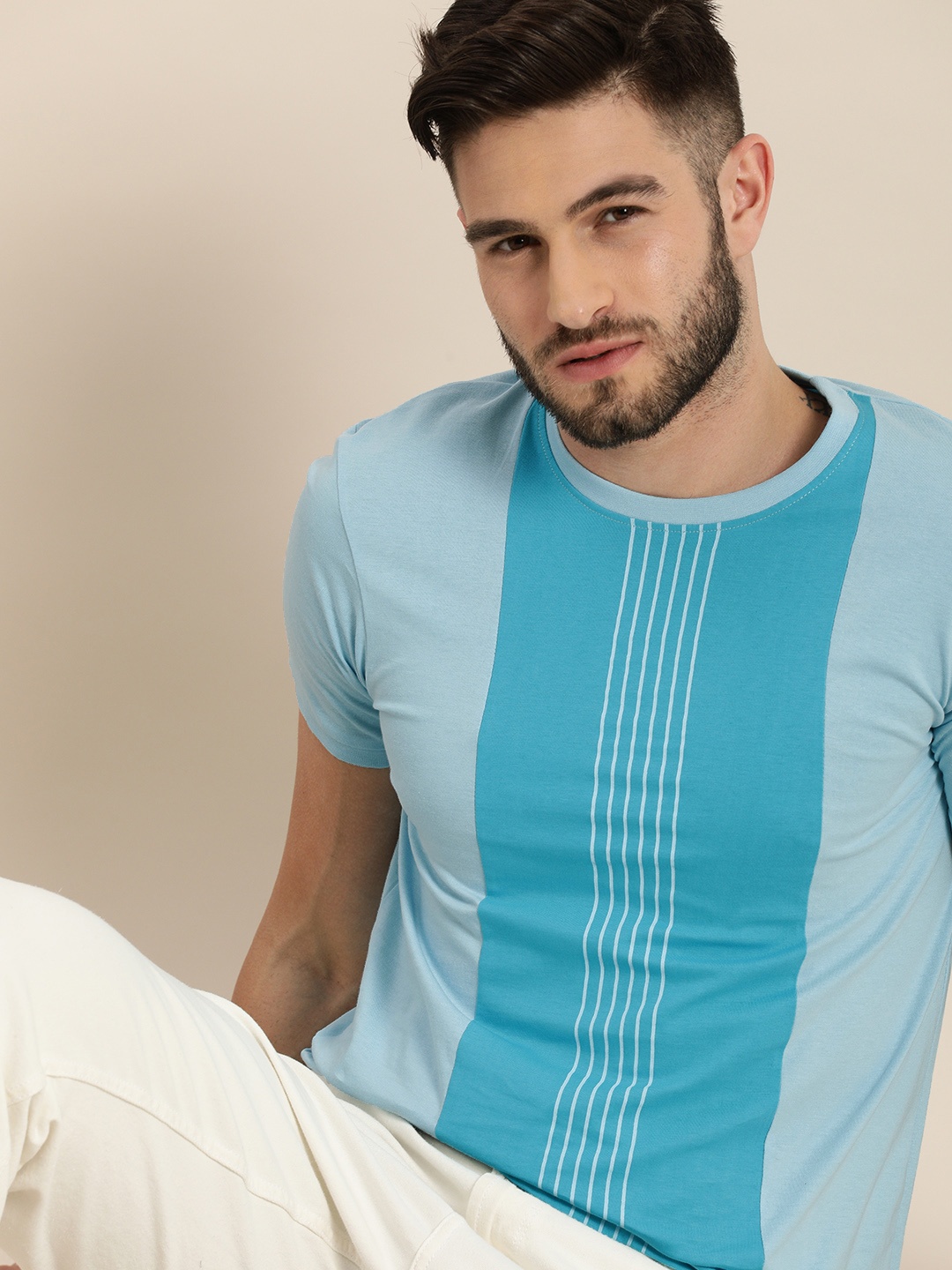 

Moda Rapido Men Turquoise Blue Striped Longline T-shirt