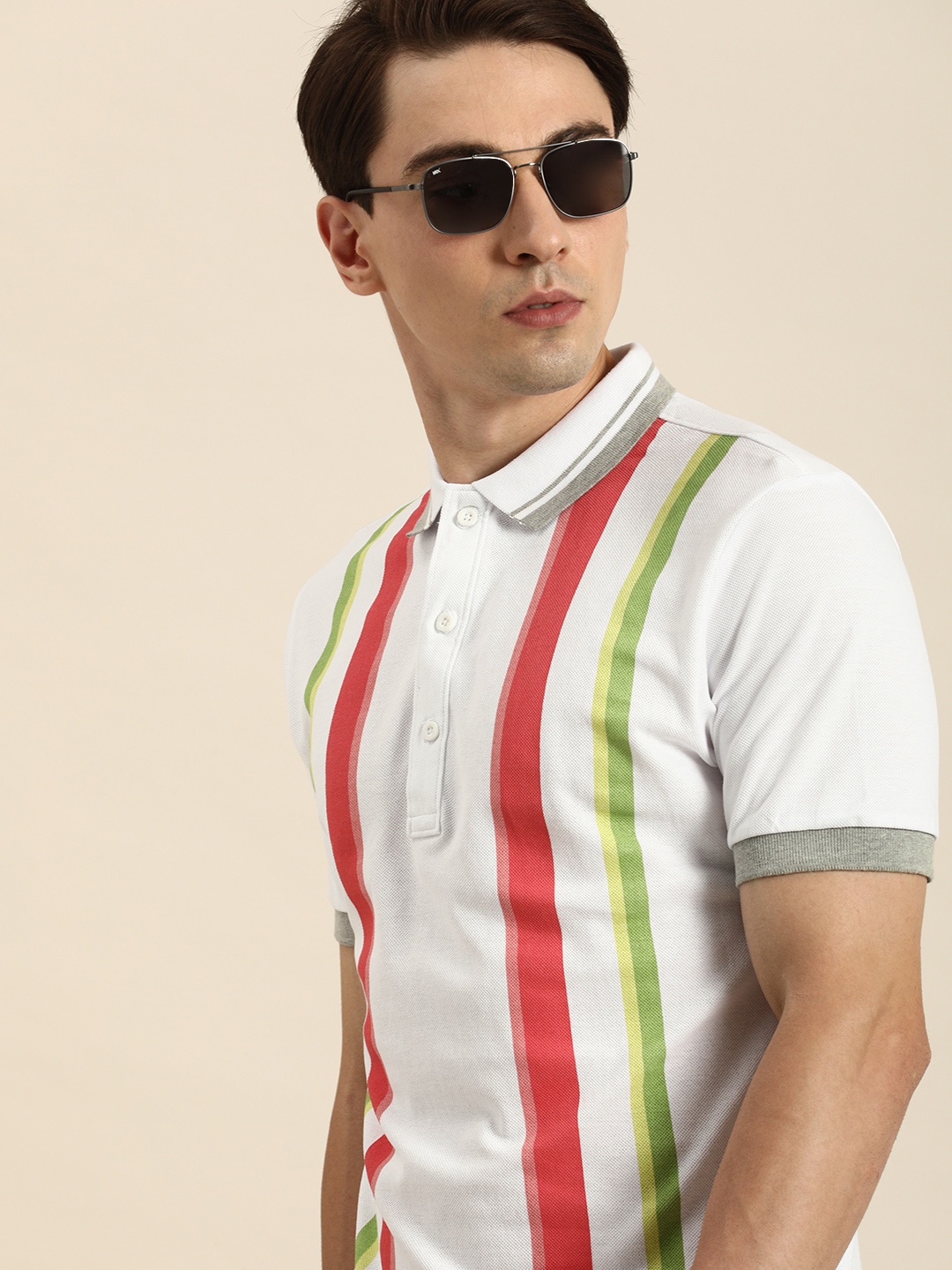 

Moda Rapido Men White & Red Striped Polo Collar T-shirt