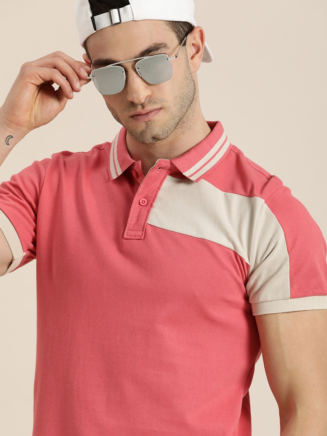 

Moda Rapido Men Coral & White Colourblocked Polo Collar Pure Cotton Casual T-shirt
