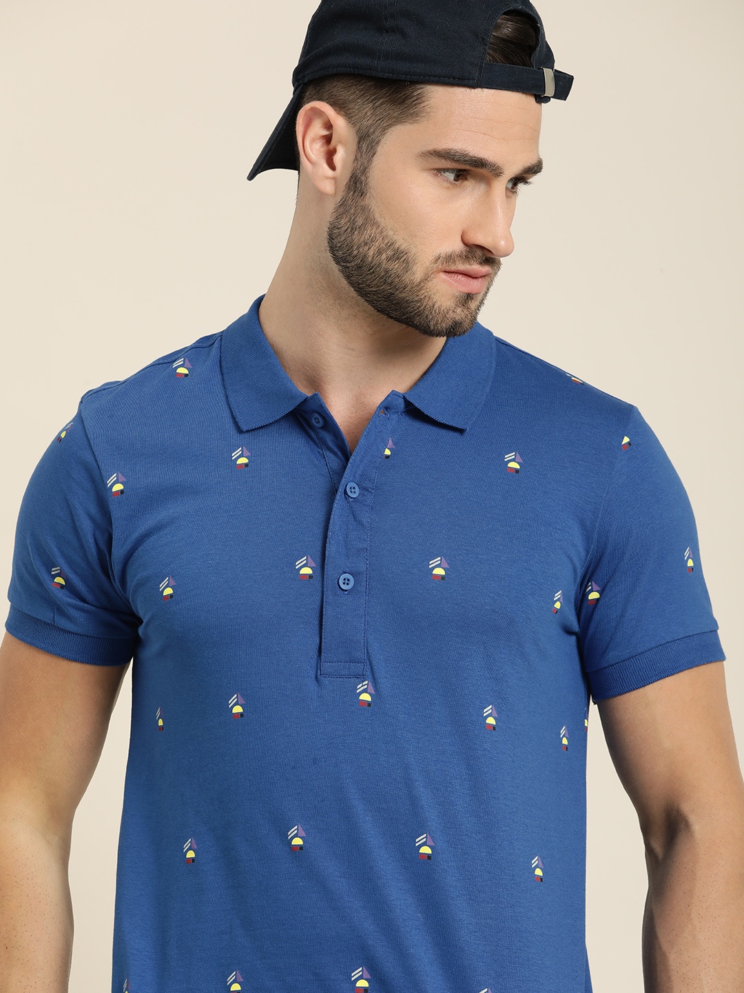 

Moda Rapido Men Blue Printed Polo Collar Pure Cotton T-shirt