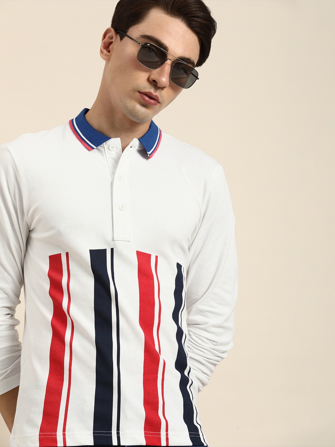 

Moda Rapido Men White & Red Striped Polo Collar T-shirt