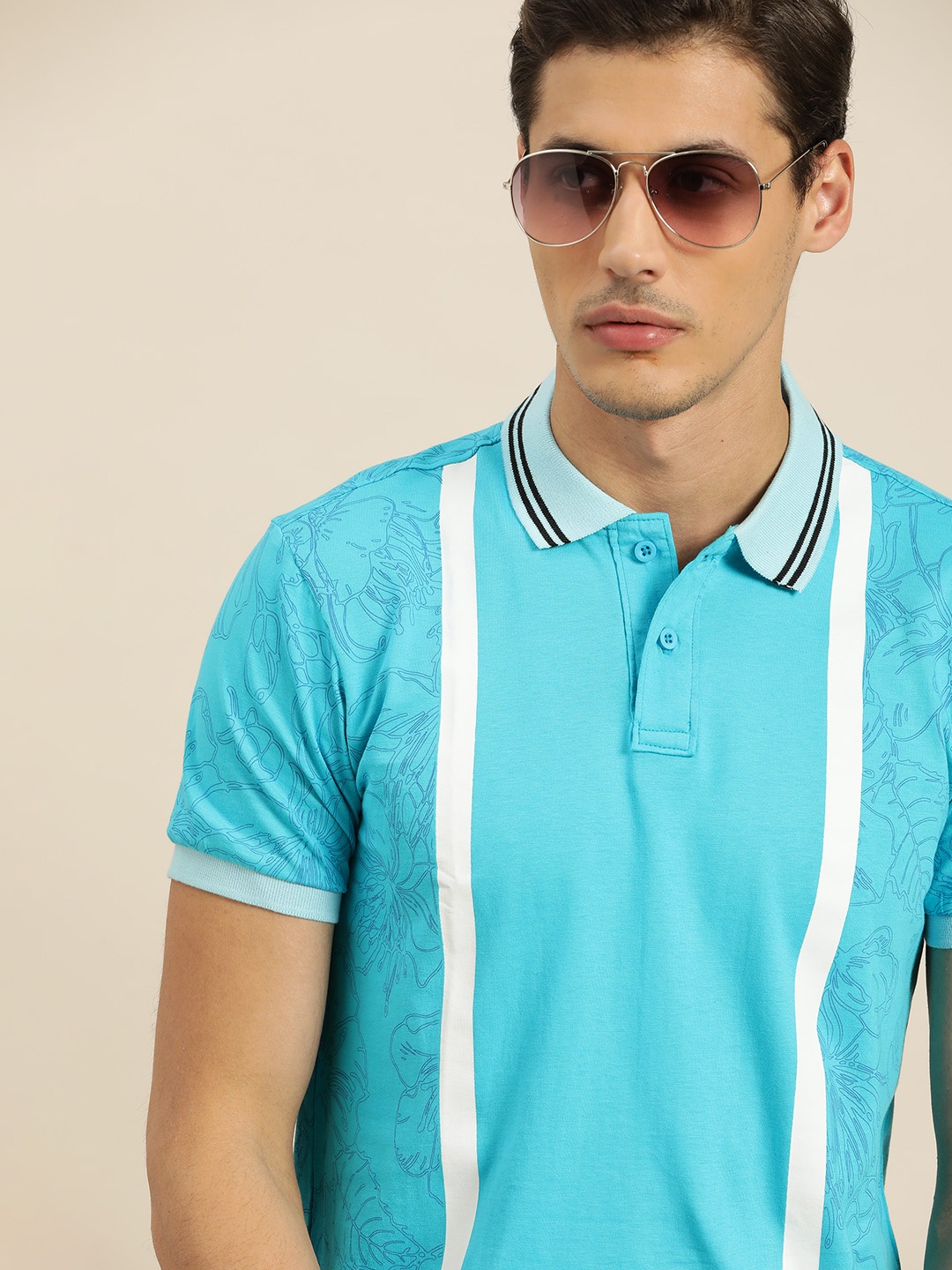 

Moda Rapido Men Blue Printed Pure Cotton Polo Collar T-shirt