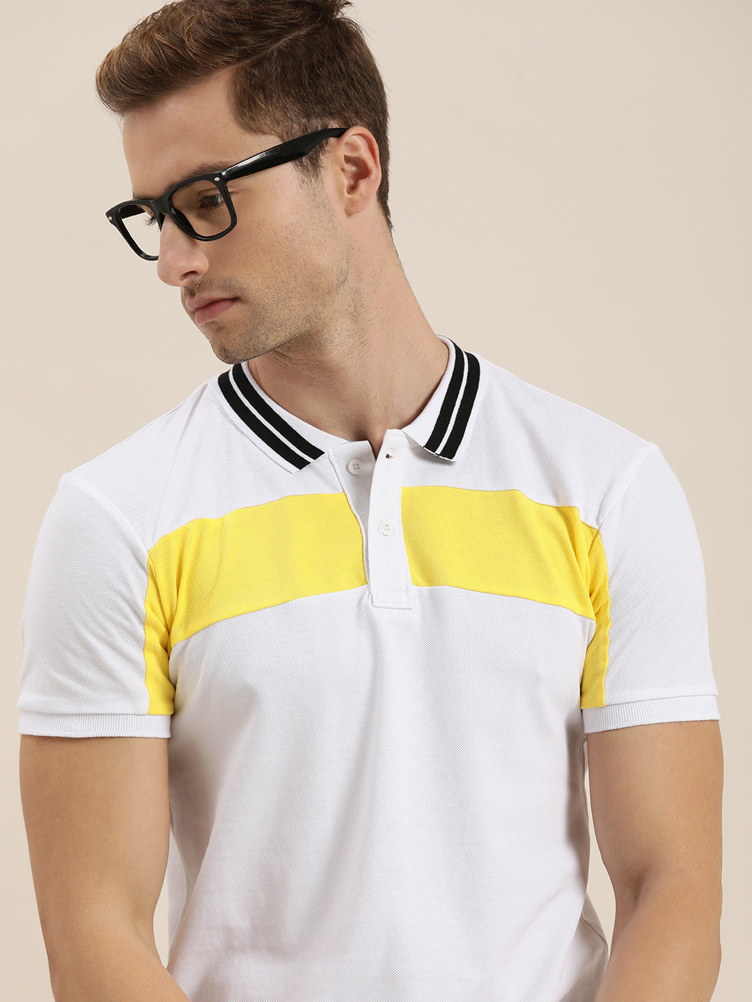 

Moda Rapido Men White & Yellow Colourblocked Polo Collar T-shirt
