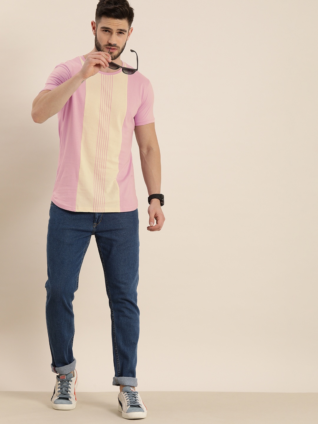 

Moda Rapido Men Pink & Cream-Coloured Striped T-shirt