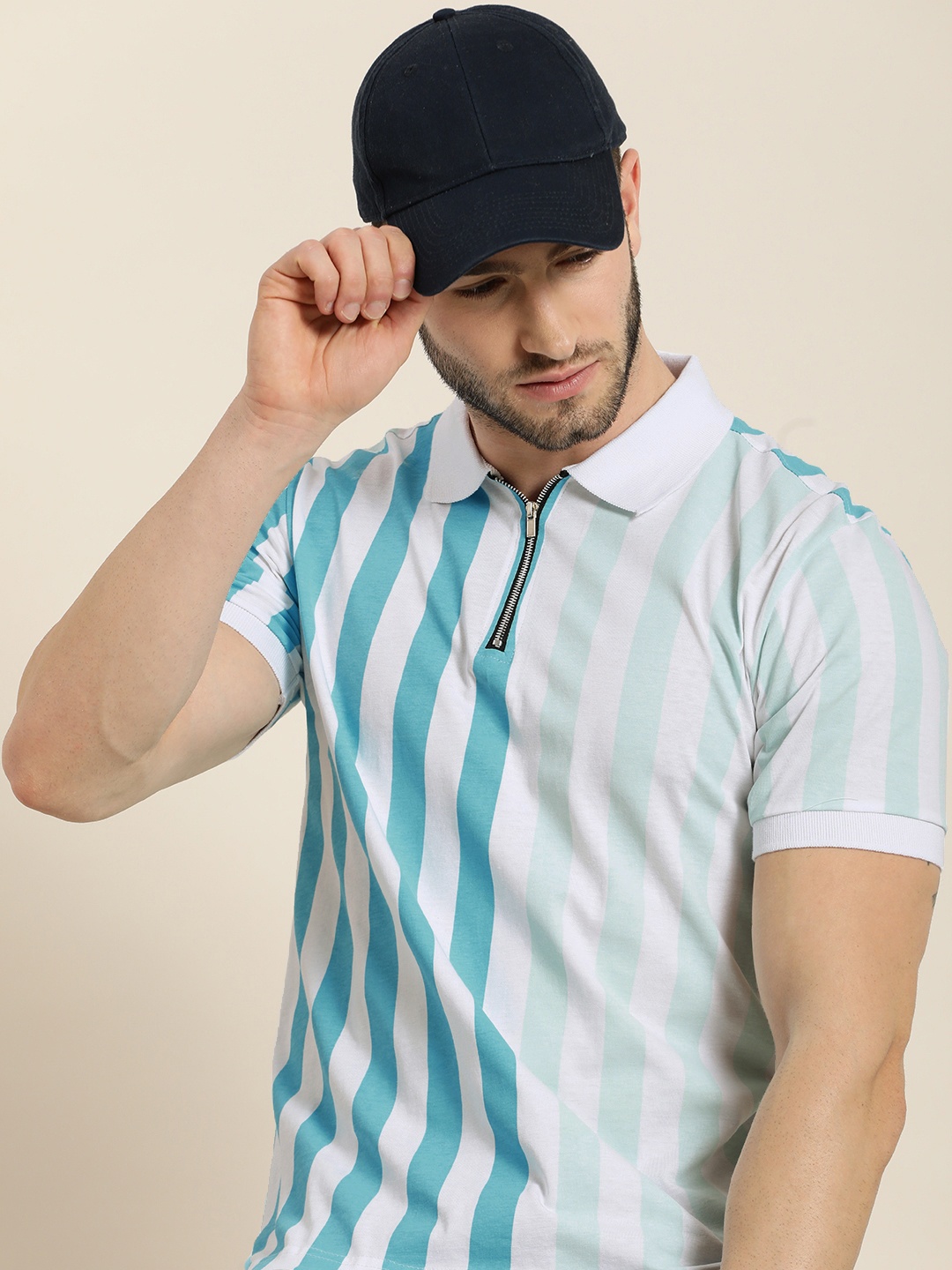 

Moda Rapido Men Turquoise Blue & White Striped Polo Collar T-shirt