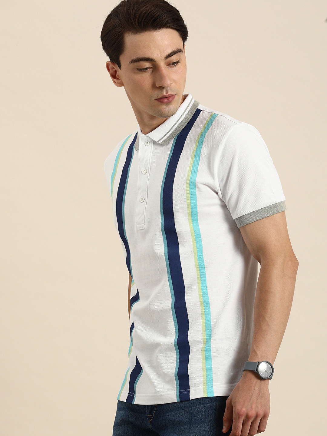 

Moda Rapido Men White & Blue Striped Polo Collar T-shirt