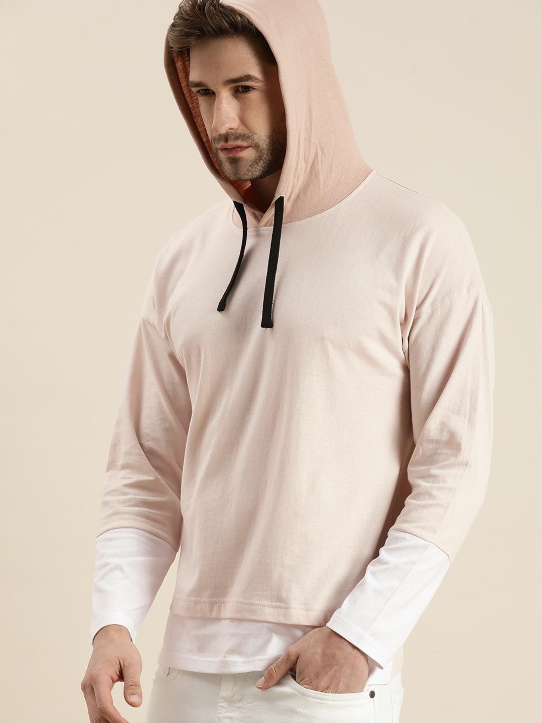 

Moda Rapido Men Off White Solid Drop-Shoulder Sleeves Pure Cotton Hooded T-shirt