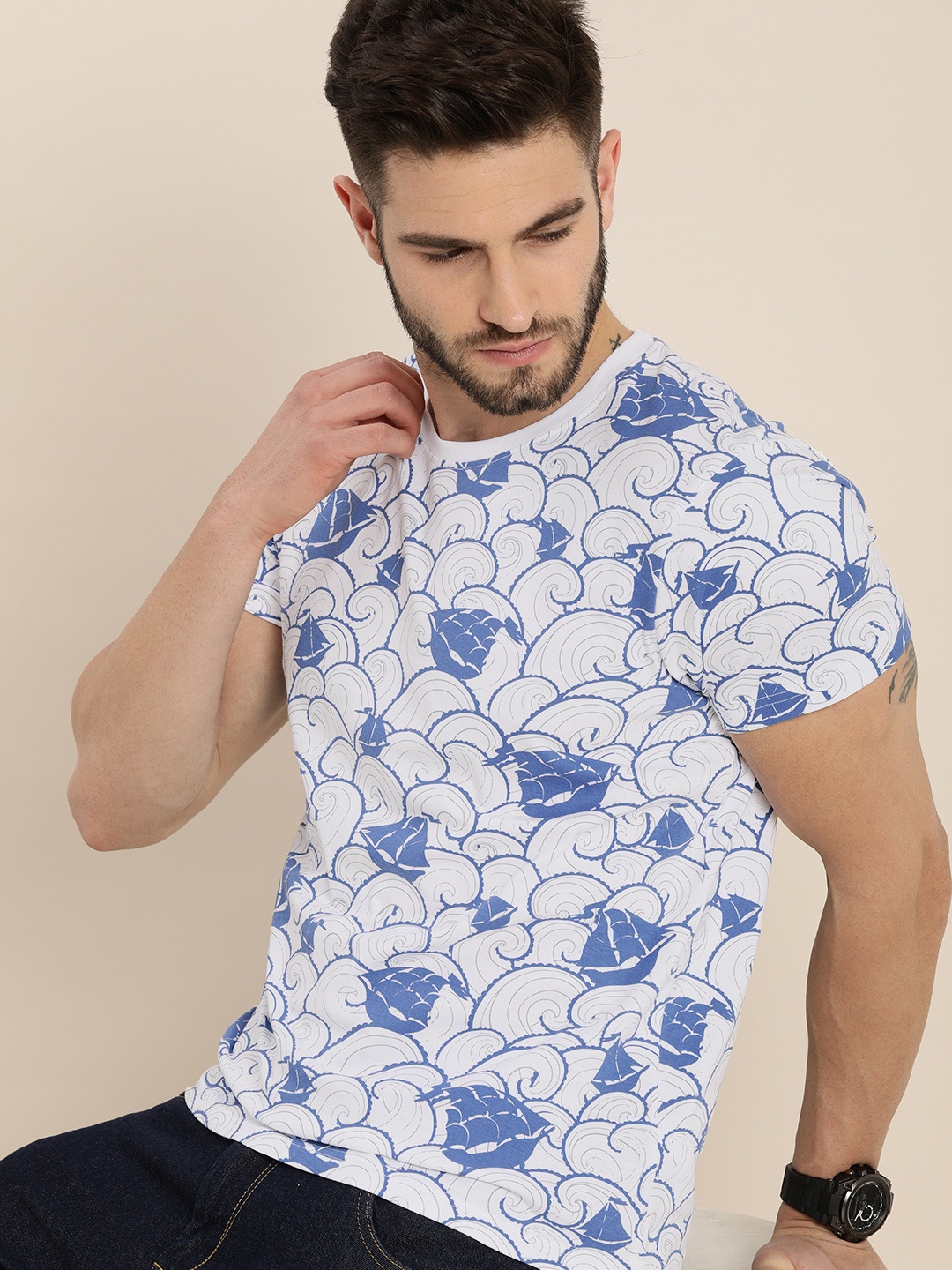 

Moda Rapido Men White & Blue Printed Cotton T-shirt