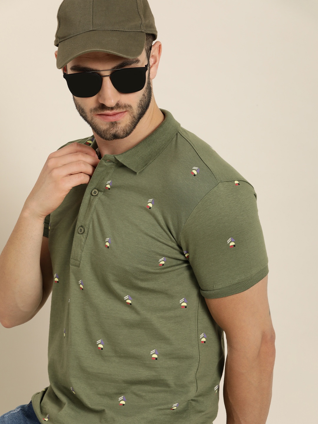 

Moda Rapido Men Olive Green Ditsy Printed Polo Collar Pure Cotton T-shirt