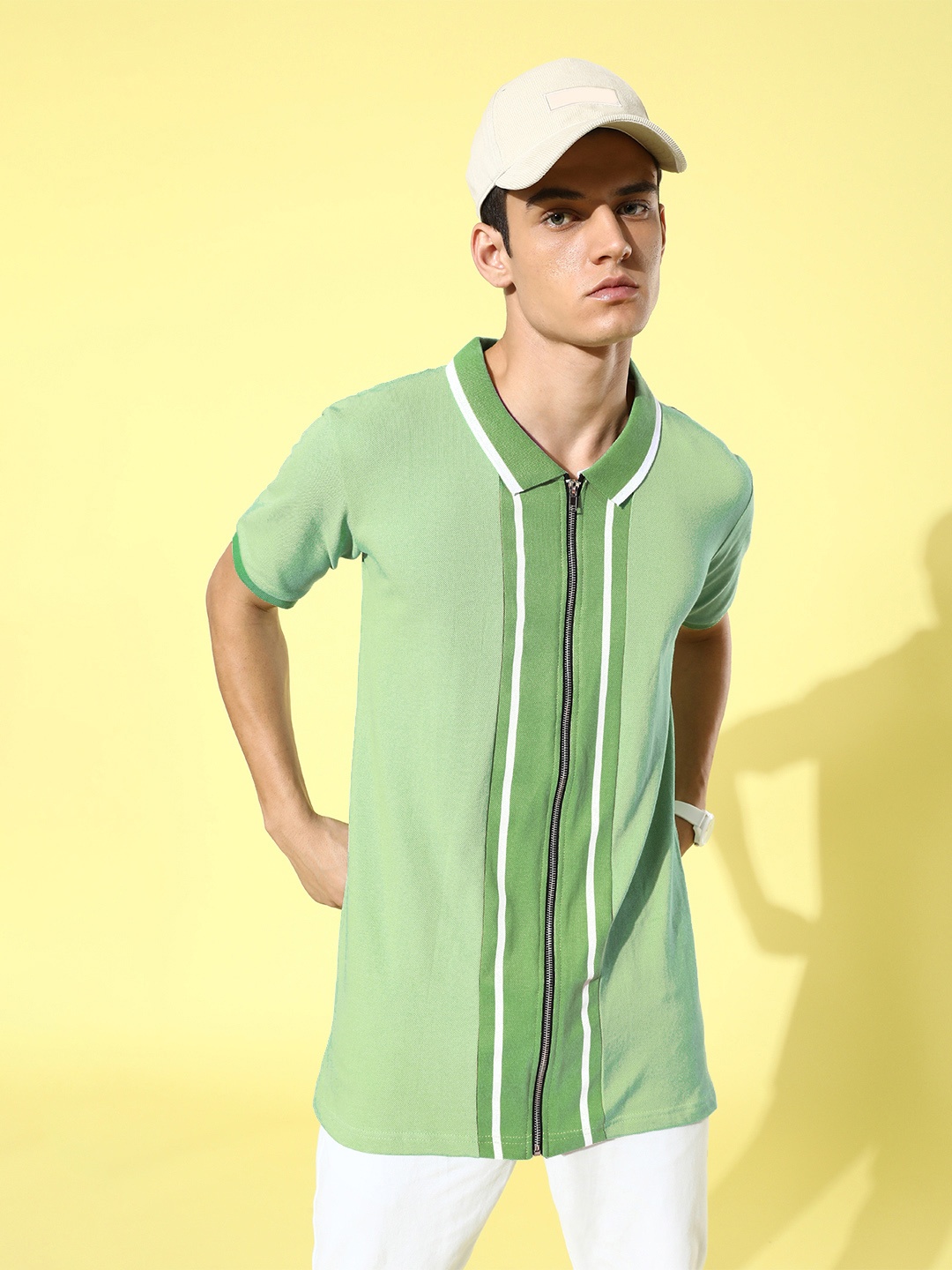 

Moda Rapido Men Classic Green Striped Playful Splicing Longline Tshirt